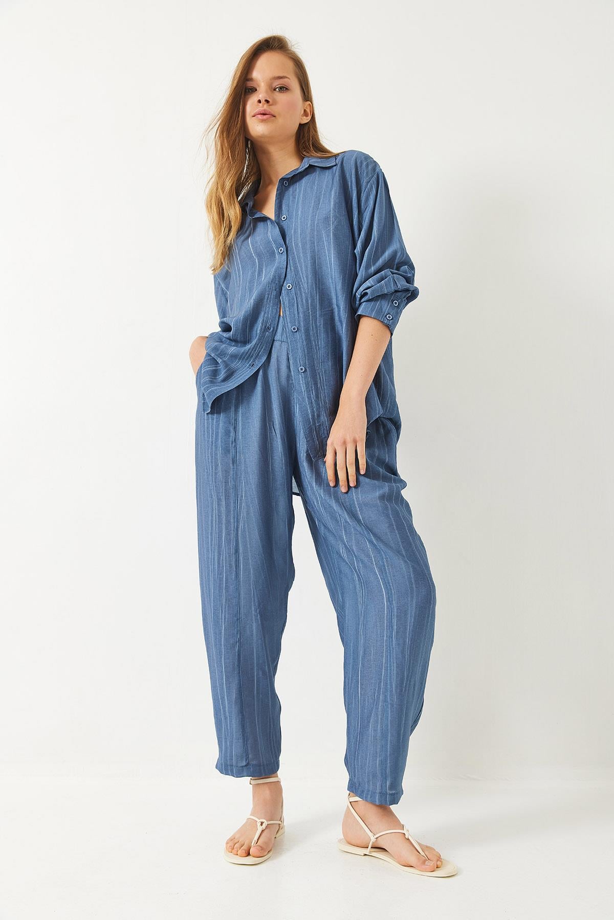 Sieva Kumaş Oversize Viskon Gömlek Pantolon Alt-Üst Takım 9291 60281015 - İndigo