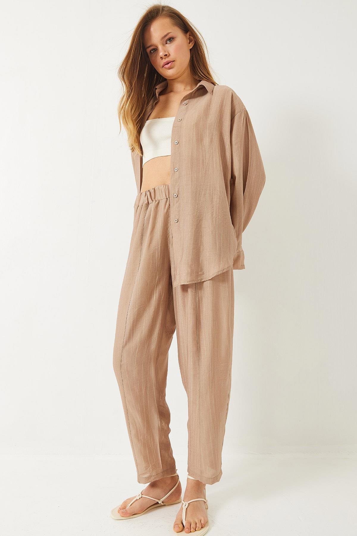Sieva Kumaş Oversize Viskon Gömlek Pantolon Alt-Üst Takım 9291 60281015 - Bej