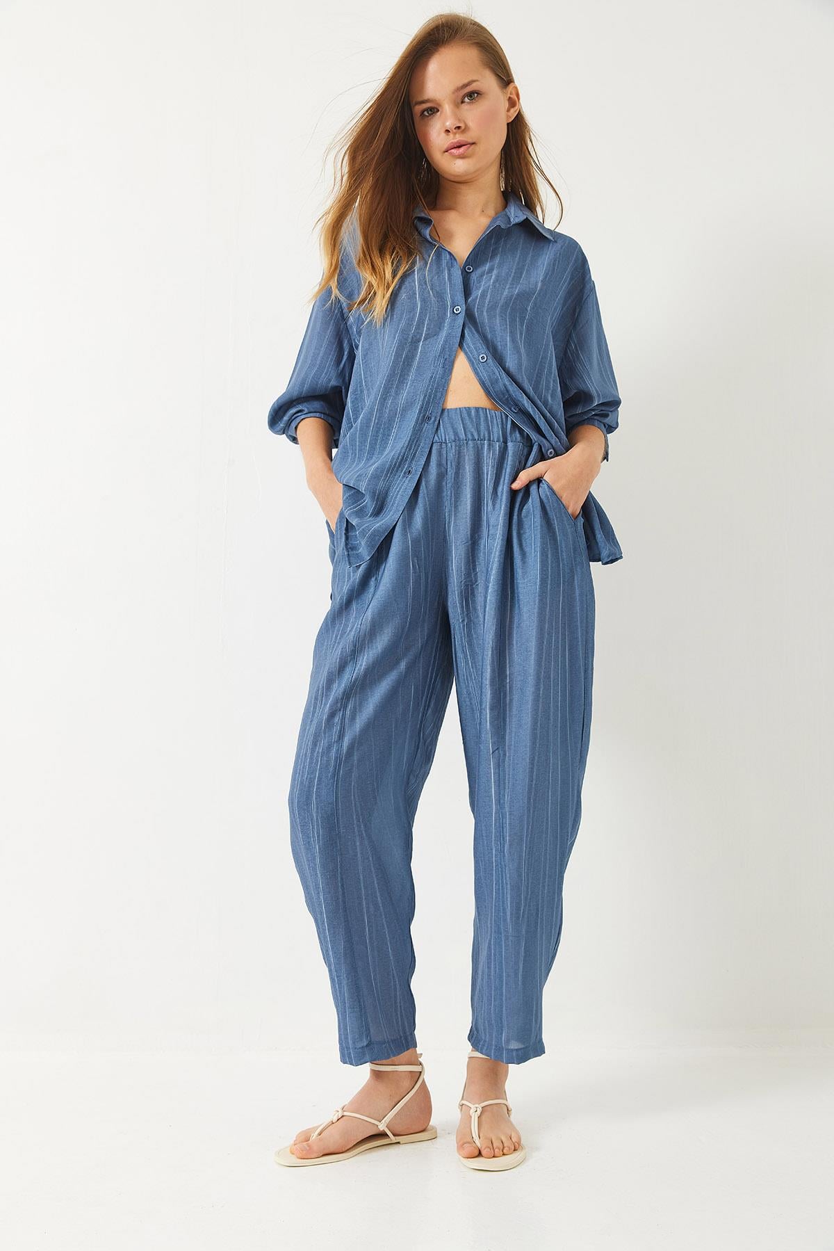 Sieva Kumaş Oversize Viskon Gömlek Pantolon Alt-Üst Takım 9291 60281015 - İndigo