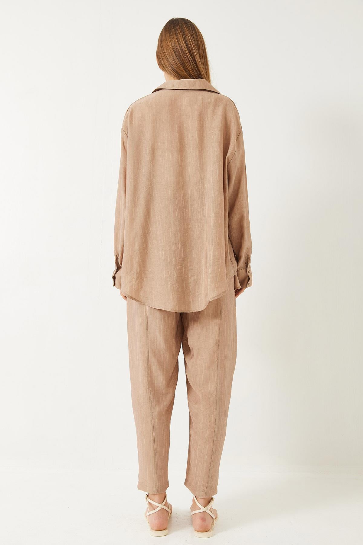 Sieva Kumaş Oversize Viskon Gömlek Pantolon Alt-Üst Takım 9291 60281015 - Bej