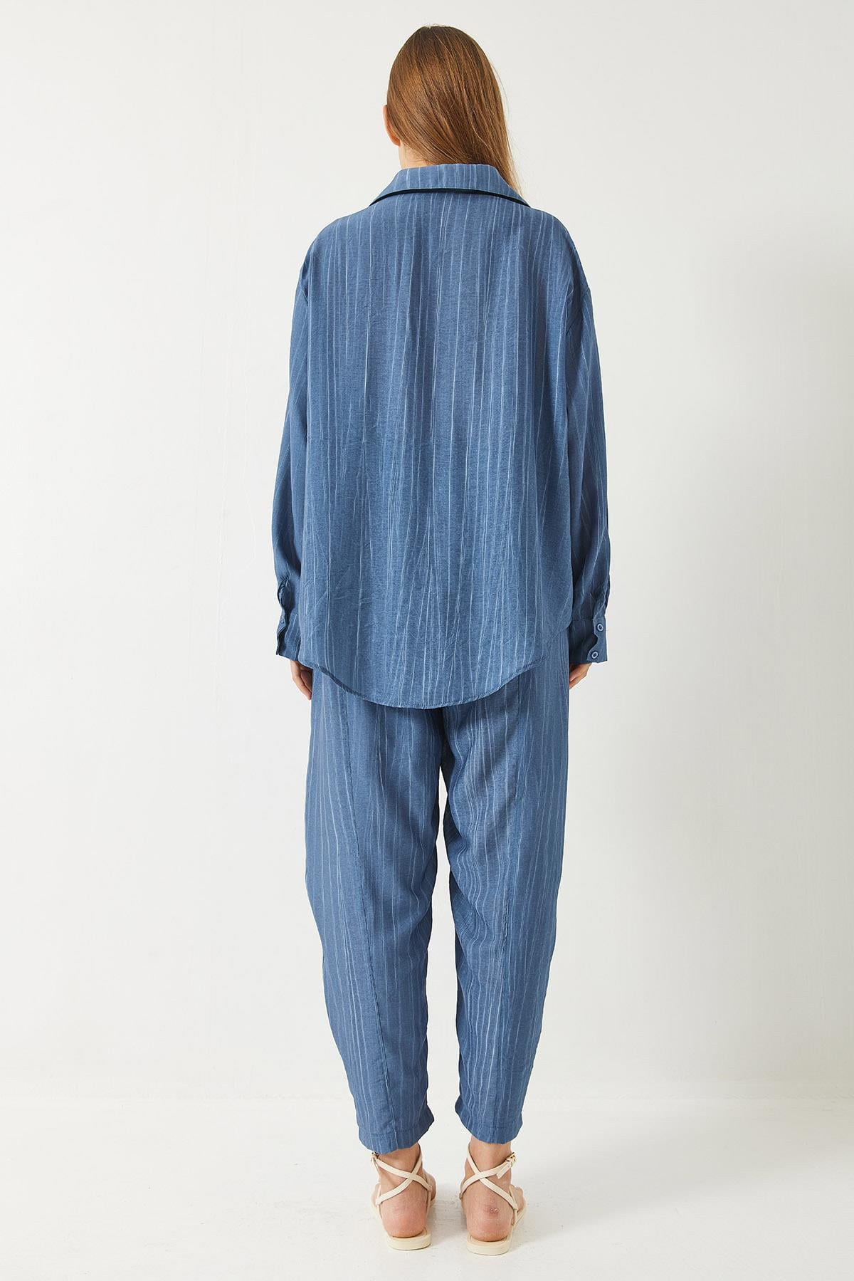 Sieva Kumaş Oversize Viskon Gömlek Pantolon Alt-Üst Takım 9291 60281015 - İndigo