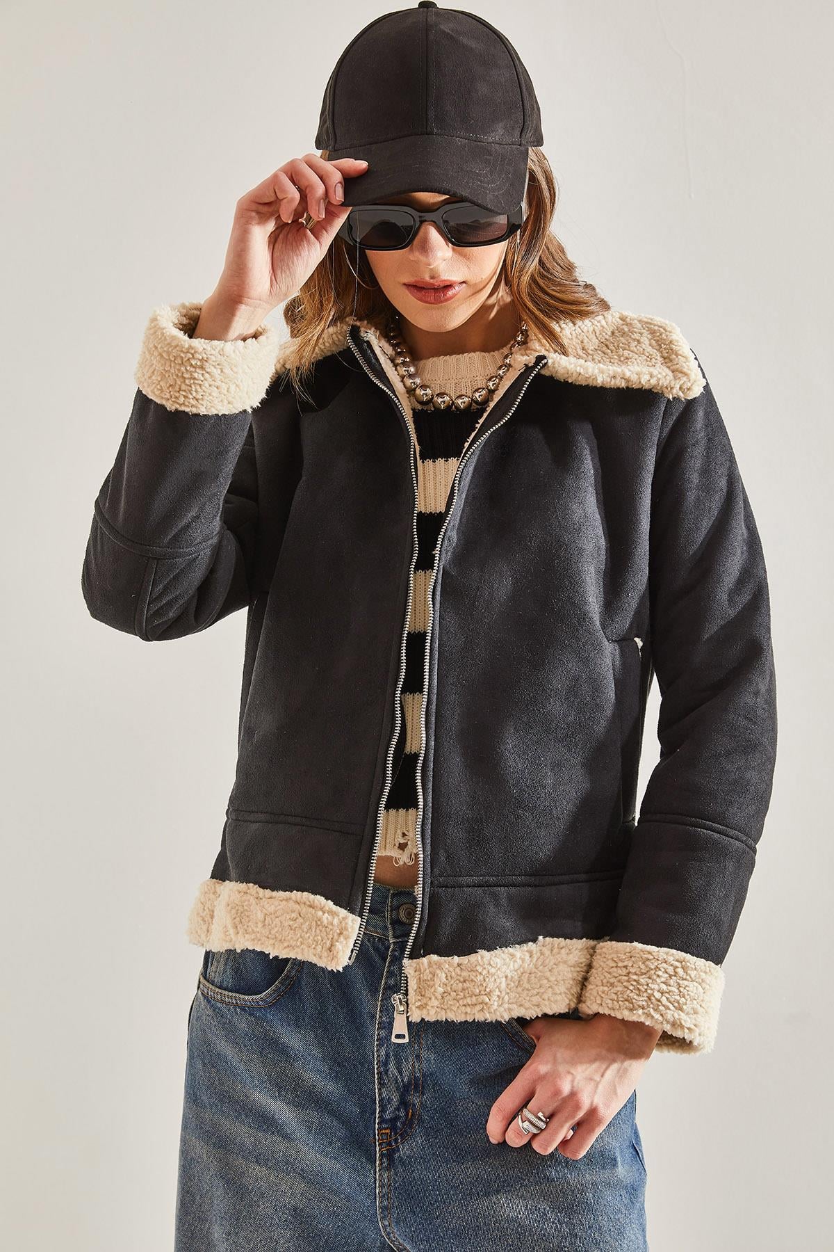 Süet Peluş Mont - Siyah-Bej DIŞ GİYİM modelleri