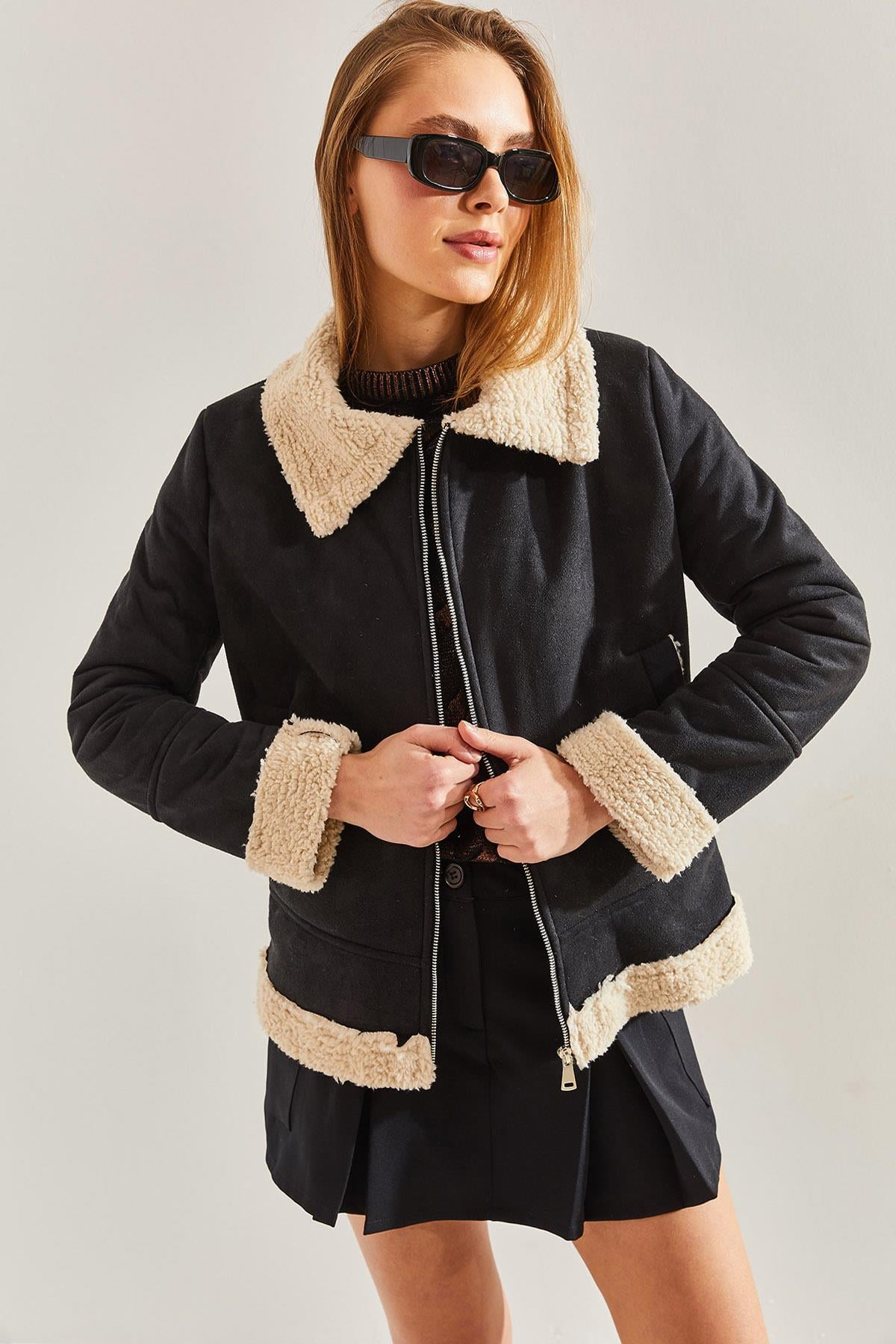Süet Peluş Mont - Siyah-Bej DIŞ GİYİM modelleri