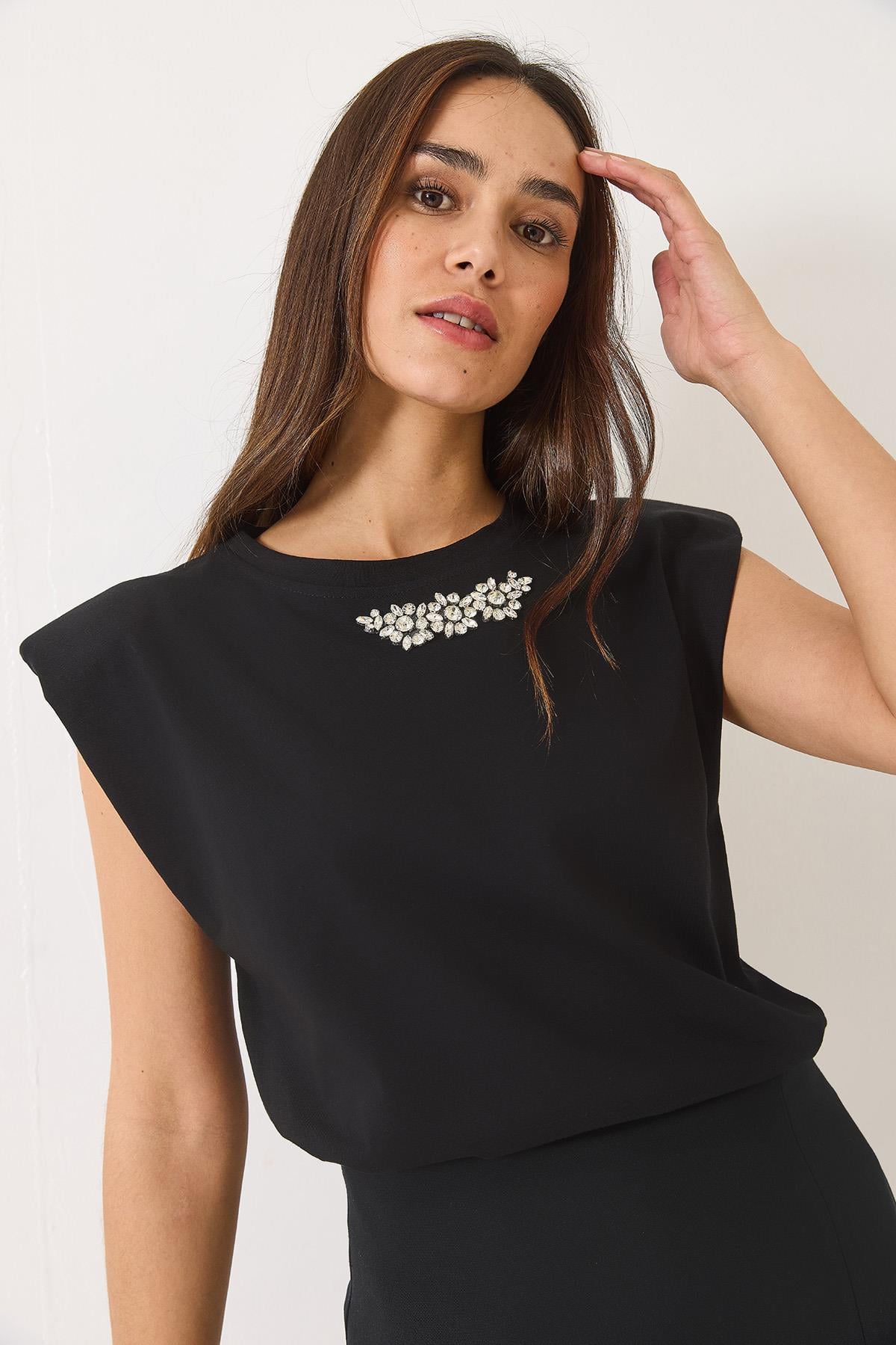 Taş Detaylı Vatkalı Kolsuz T-Shirt 3059 60283041 - Siyah