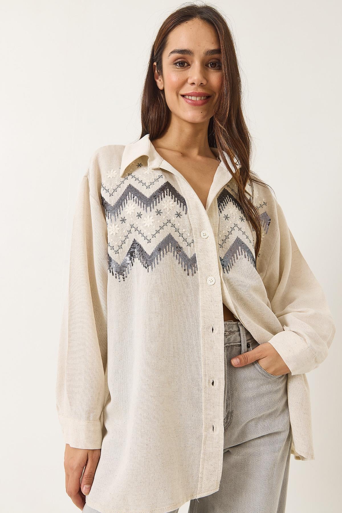 Taş İşlemeli Oversize Keten Gömlek 6231 60283111 - Taş