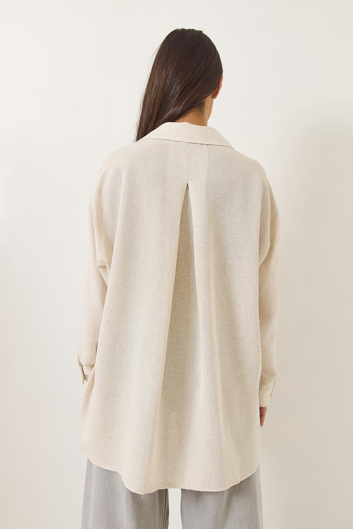 Taş İşlemeli Oversize Keten Gömlek 6231 60283111 - Taş