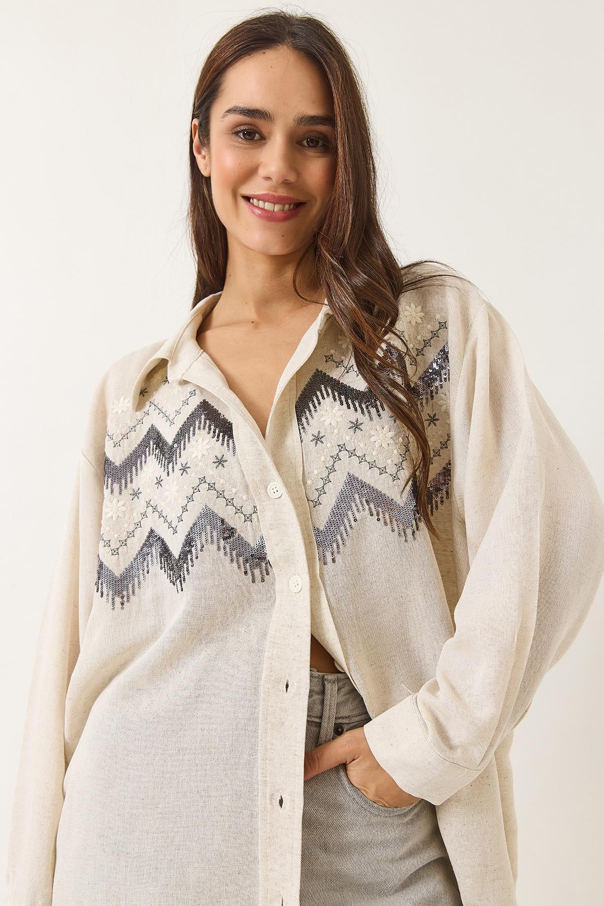 Taş İşlemeli Oversize Keten Gömlek 6231 60283111 - Taş