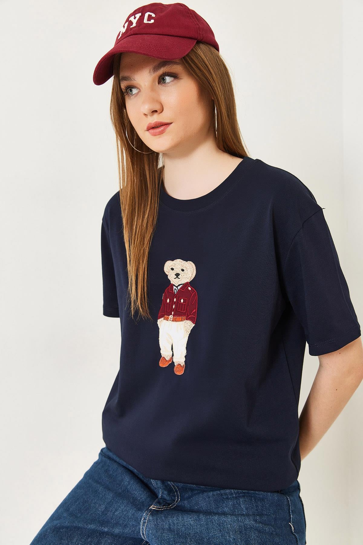 Teddy Desenli Bisiklet Yaka Basic Tshirt 60261344 - Lacivert