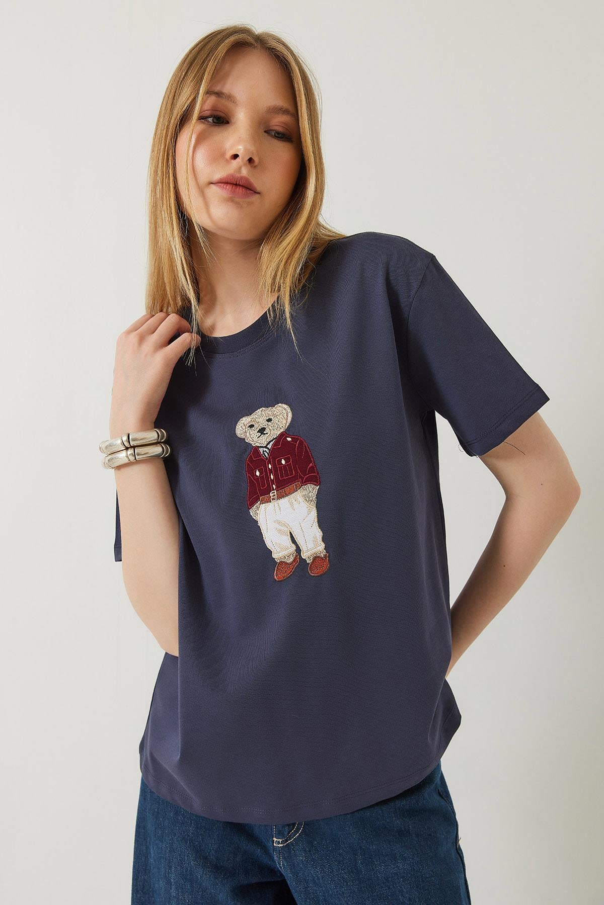 Teddy Desenli Bisiklet Yaka Basic Tshirt 60261344 - Füme