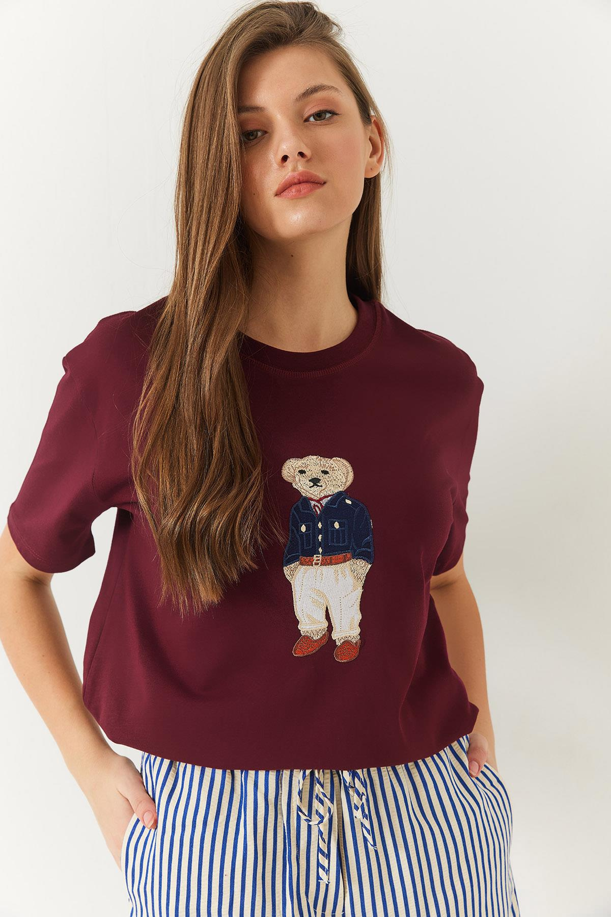 Teddy Desenli Bisiklet Yaka Basic Tshirt 60261344 - Bordo