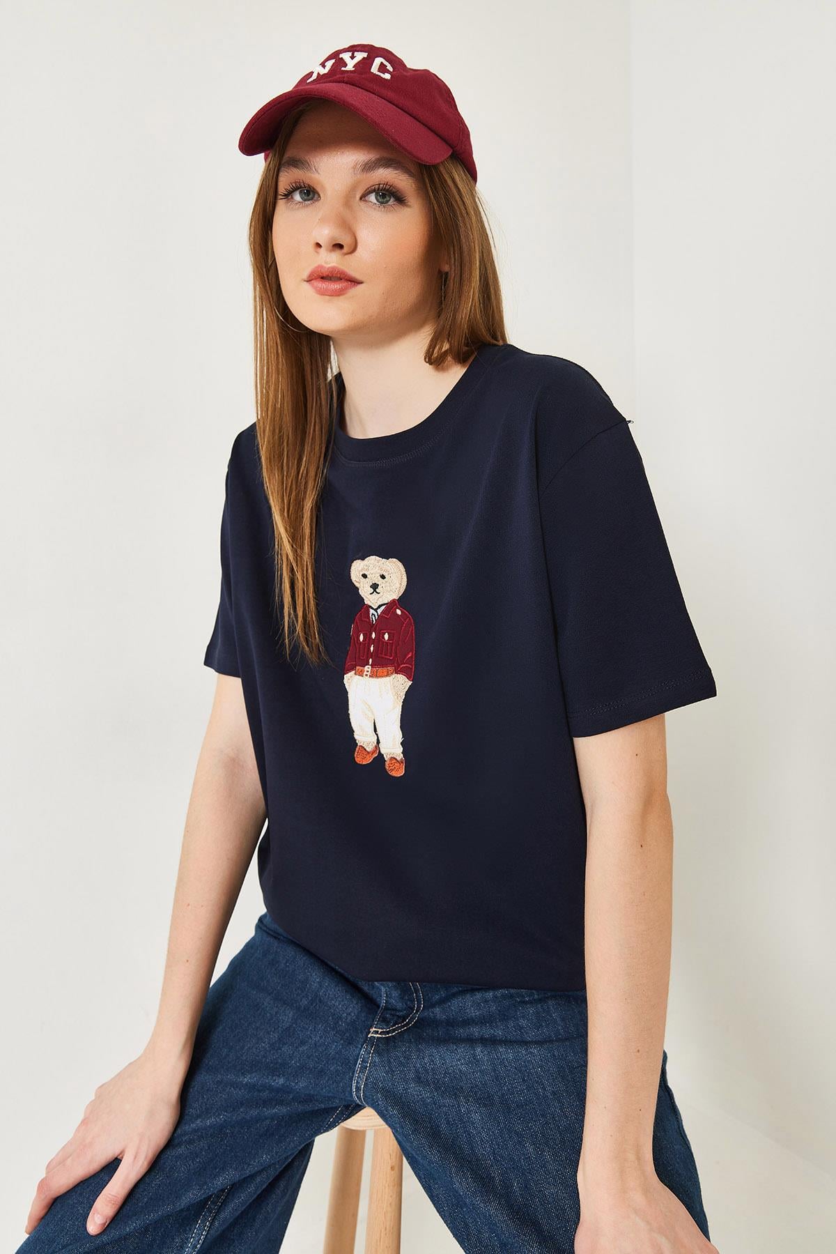 Teddy Desenli Bisiklet Yaka Basic Tshirt 60261344 - Lacivert