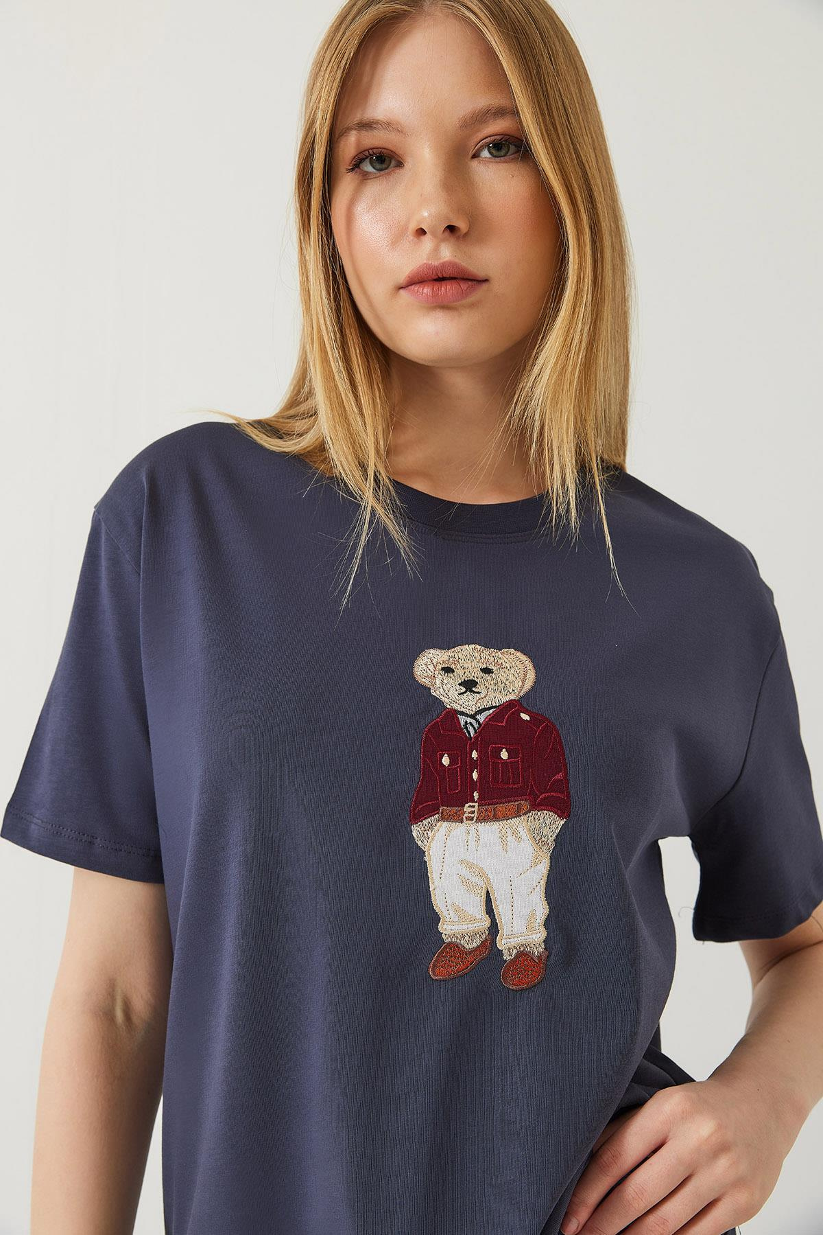 Teddy Desenli Bisiklet Yaka Basic Tshirt 60261344 - Füme