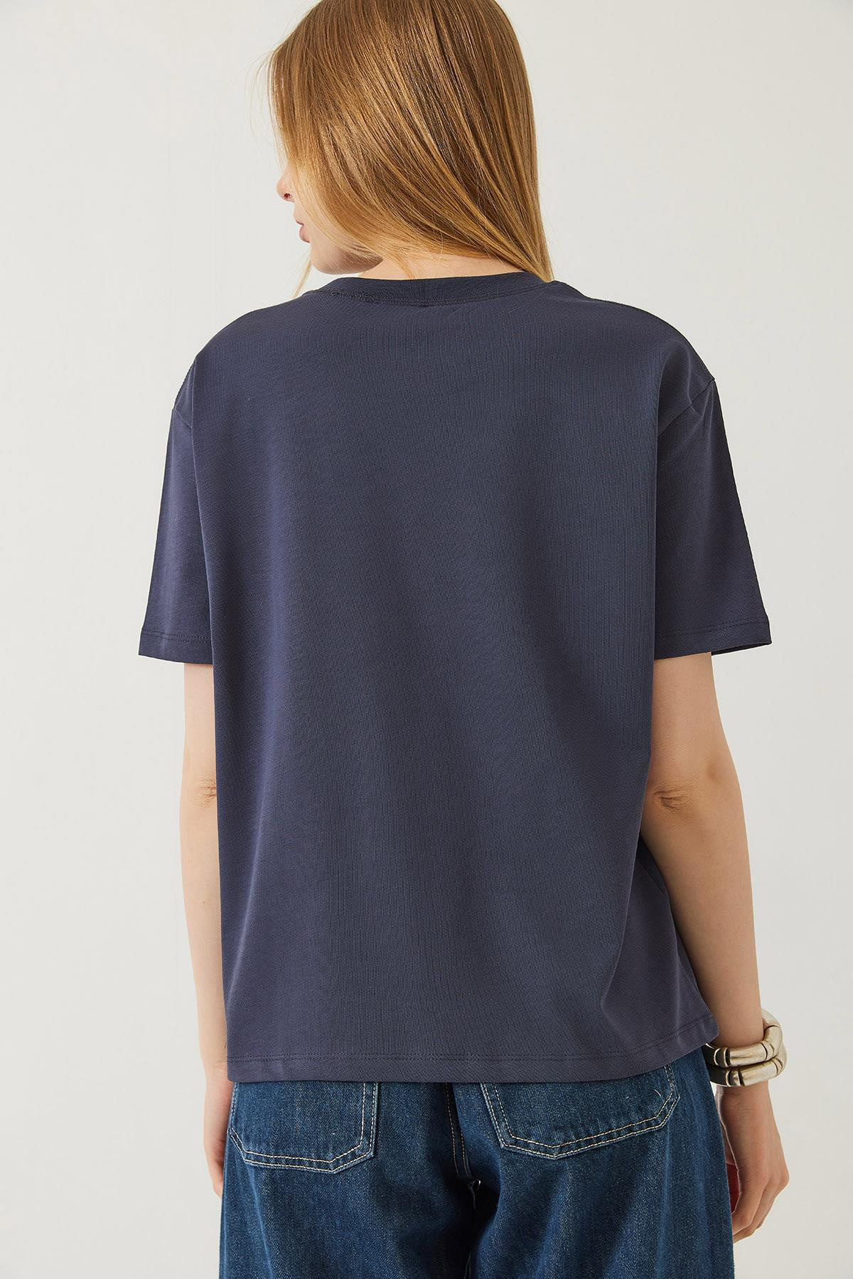 Teddy Desenli Bisiklet Yaka Basic Tshirt 60261344 - Füme