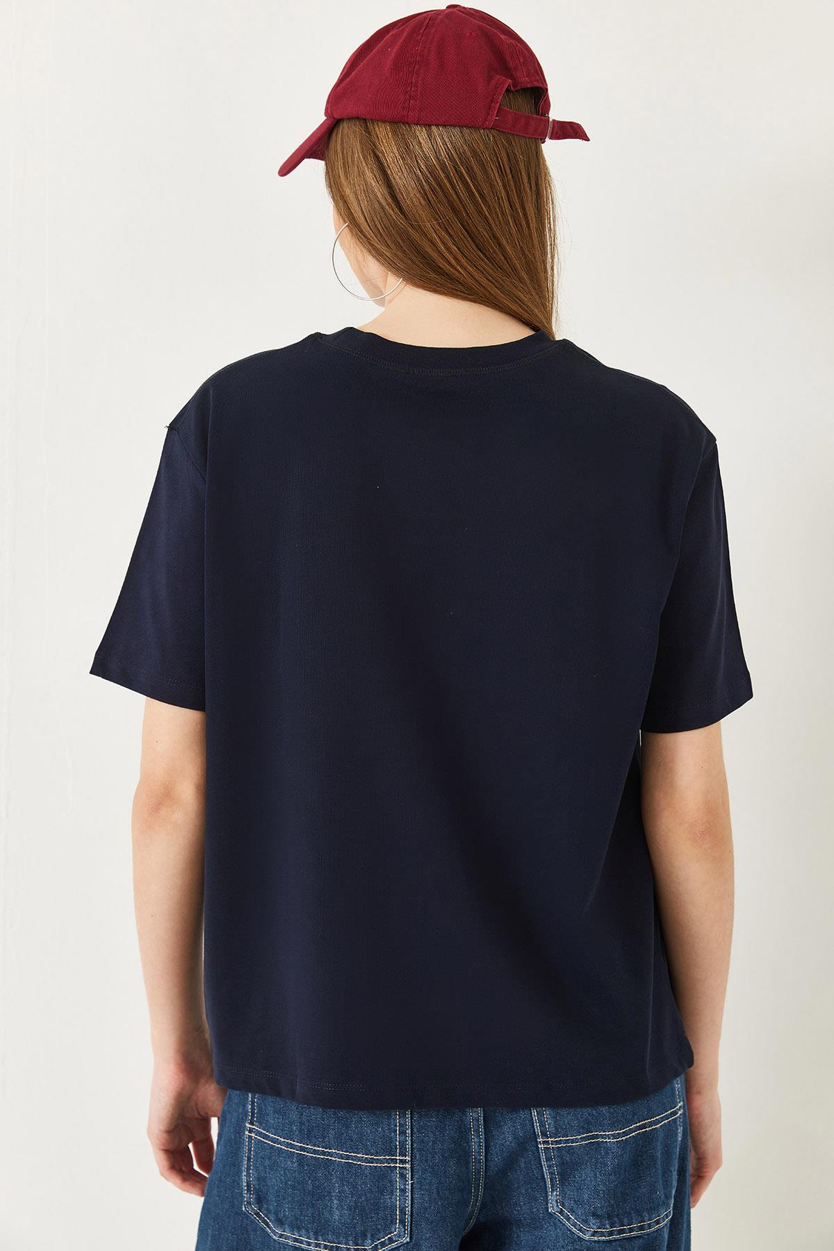Teddy Desenli Bisiklet Yaka Basic Tshirt 60261344 - Lacivert