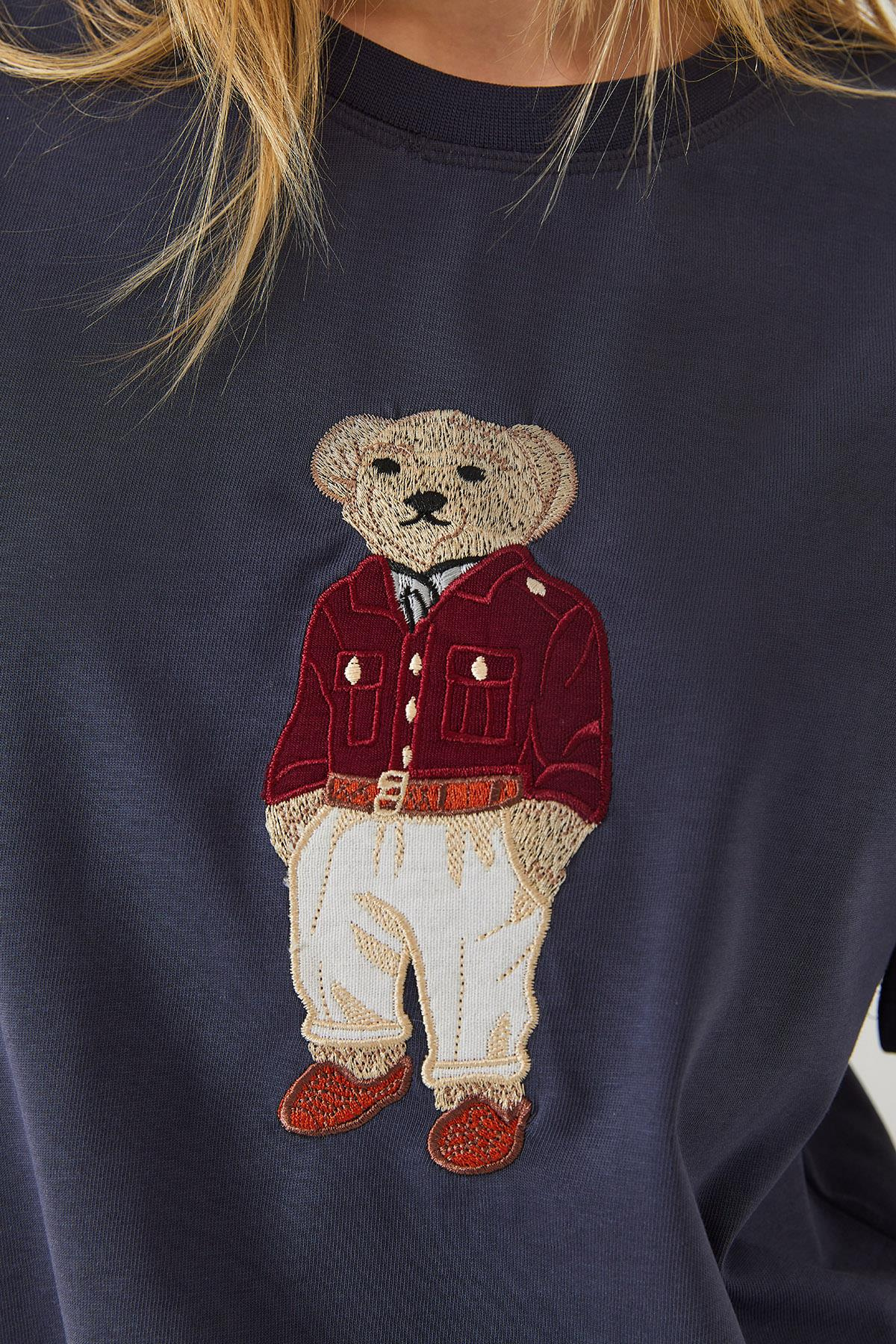 Teddy Desenli Bisiklet Yaka Basic Tshirt 60261344 - Füme