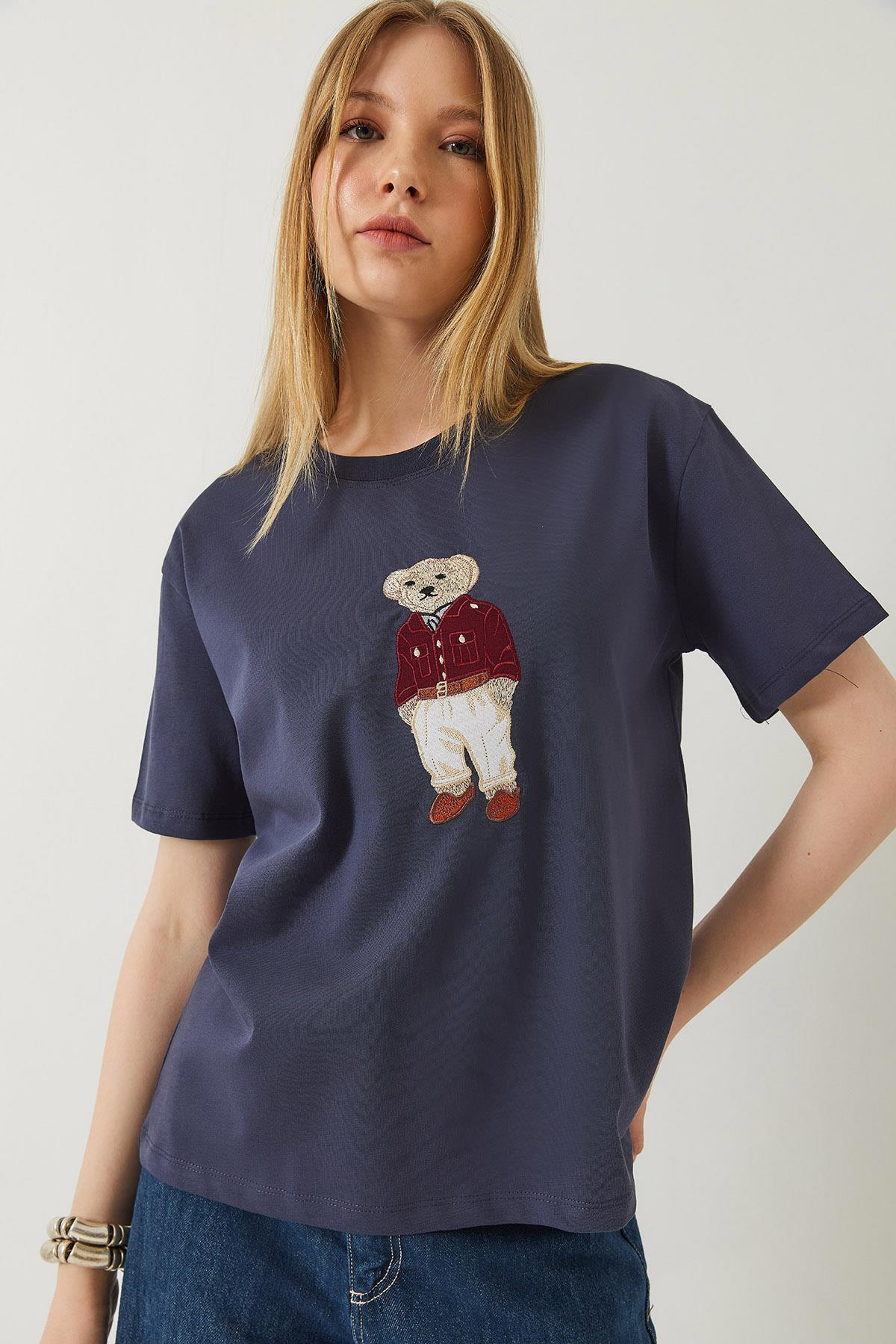 Teddy Desenli Bisiklet Yaka Basic Tshirt 60261344 - Füme