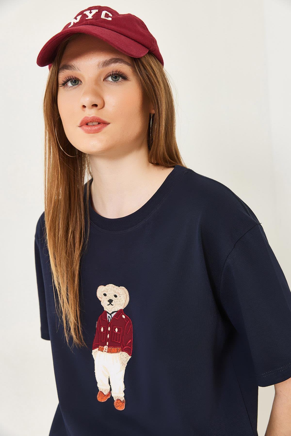 Teddy Desenli Bisiklet Yaka Basic Tshirt 60261344 - Lacivert