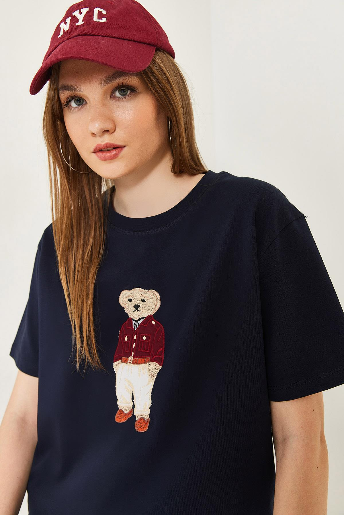 Teddy Desenli Bisiklet Yaka Basic Tshirt 60261344 - Lacivert