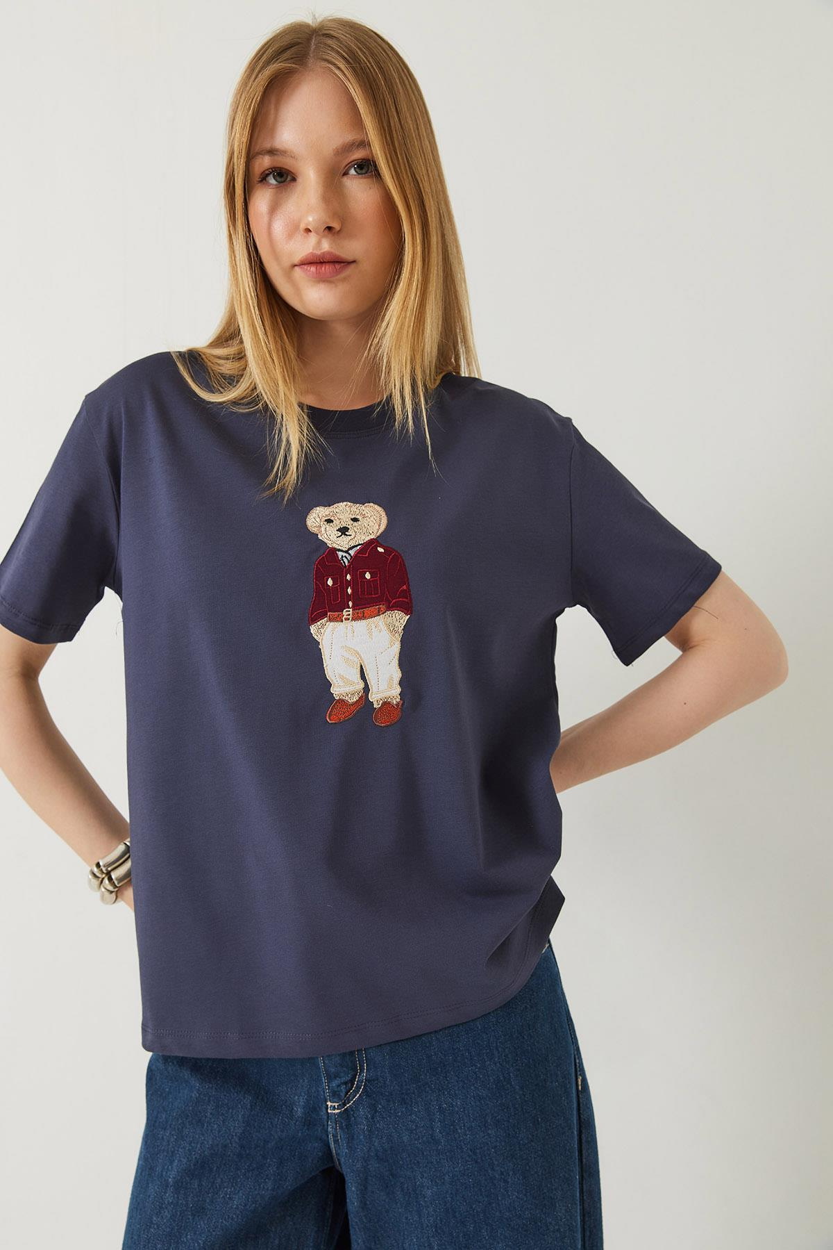 Teddy Desenli Bisiklet Yaka Basic Tshirt 60261344 - Füme