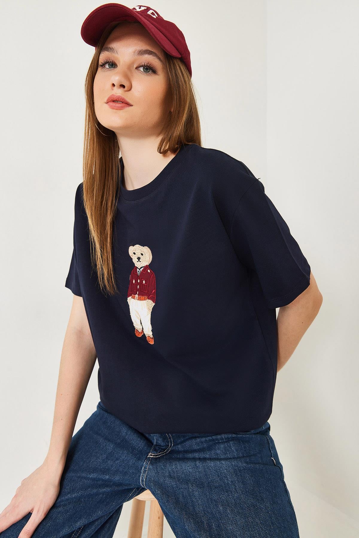 Teddy Desenli Bisiklet Yaka Basic Tshirt 60261344 - Lacivert