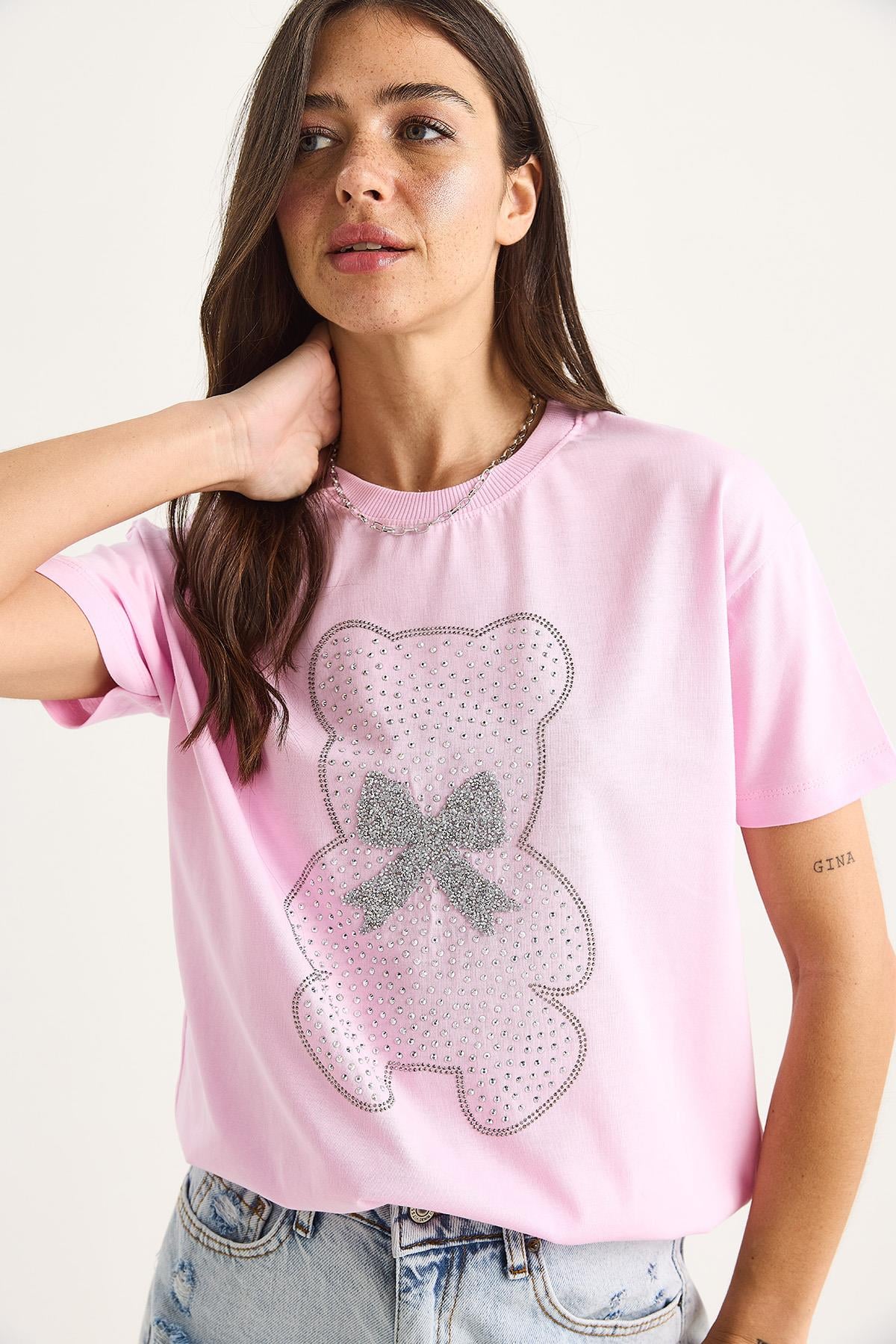 Teddy Kurdele Detaylı Taşlı T-Shirt 60602035 - Pembe