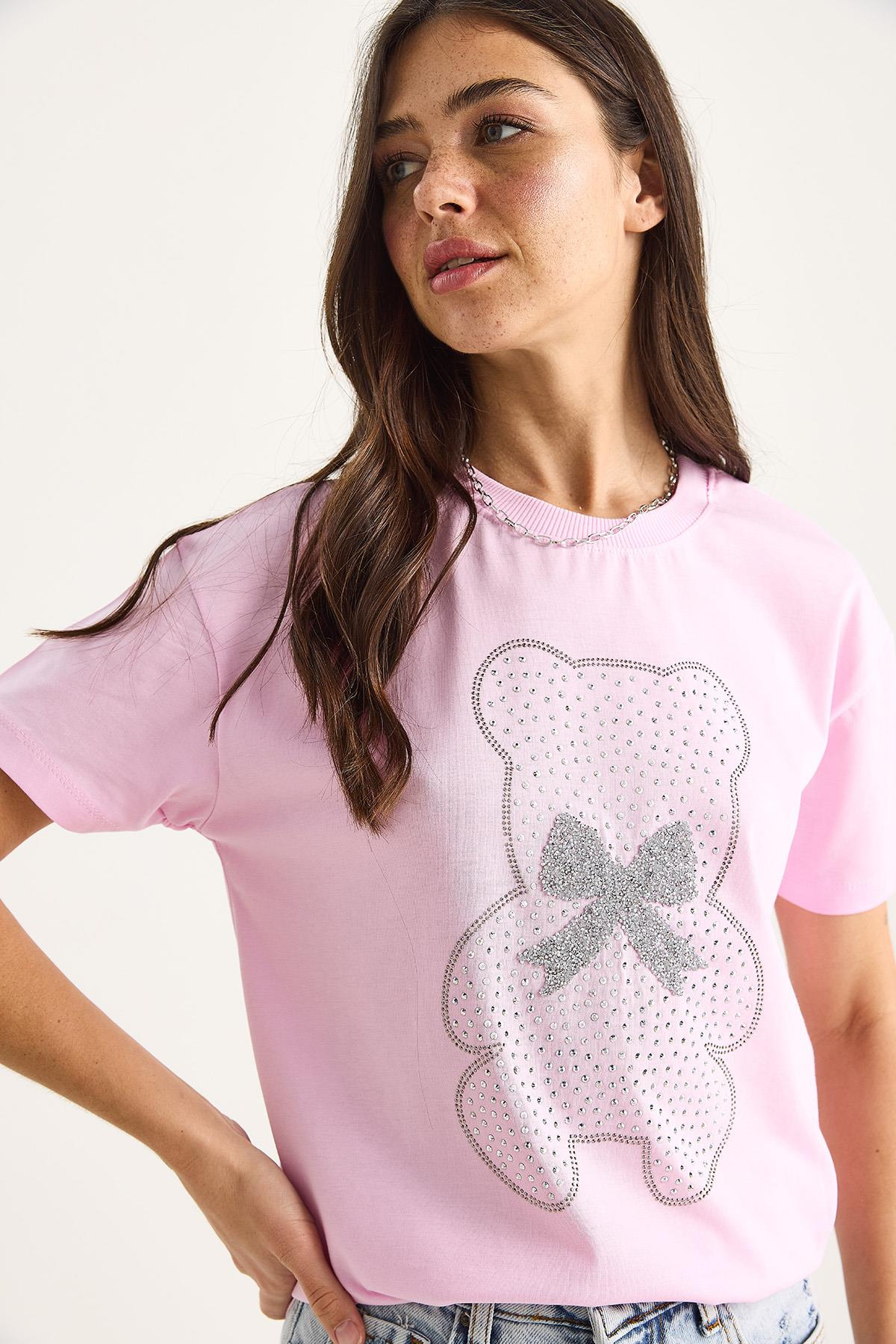 Teddy Kurdele Detaylı Taşlı T-Shirt 60602035 - Pembe