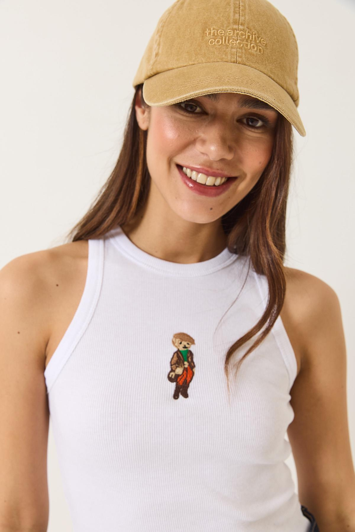 Teddy Nakışlı Fitilli Slim Crop Atlet  60284025 - Beyaz