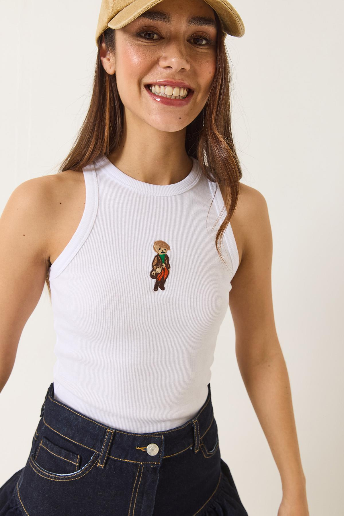 Teddy Nakışlı Fitilli Slim Crop Atlet  60284025 - Beyaz