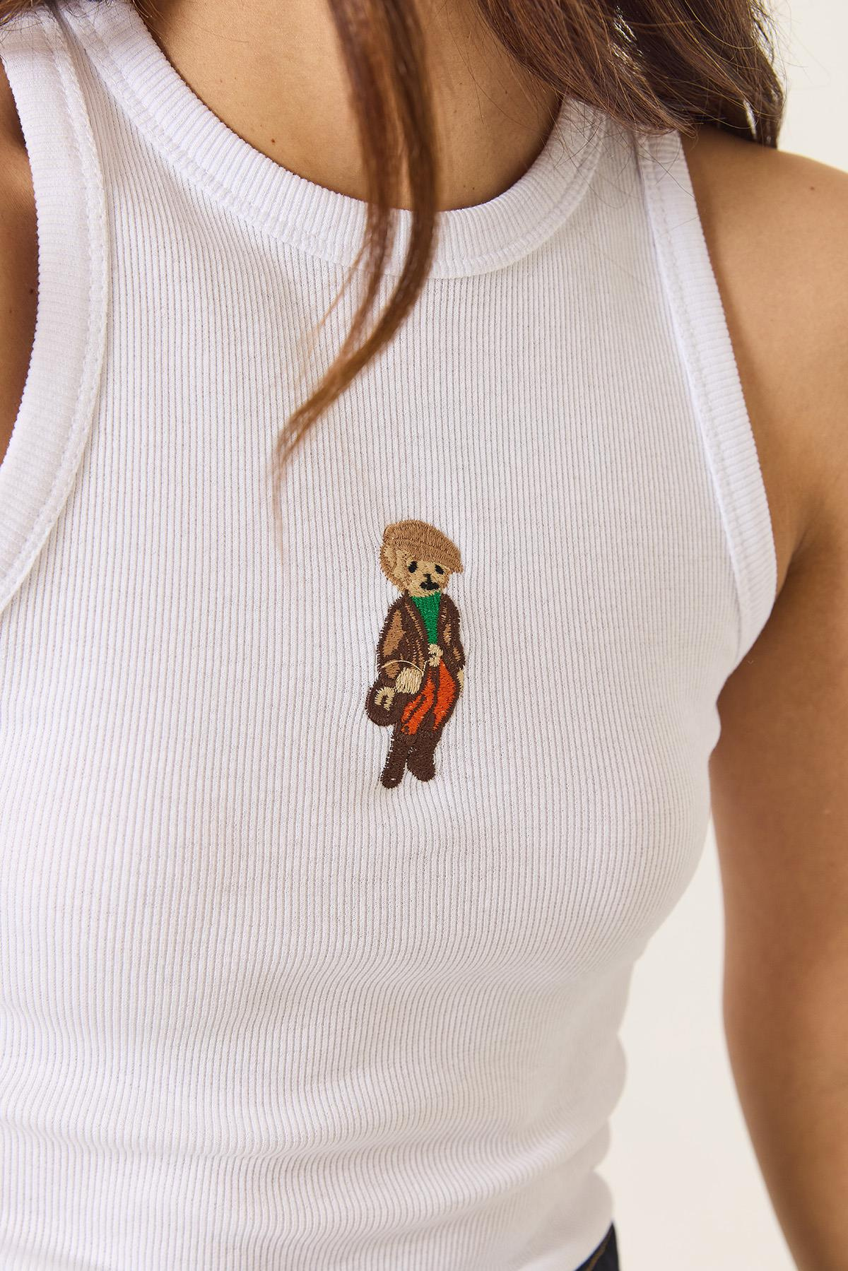 Teddy Nakışlı Fitilli Slim Crop Atlet  60284025 - Beyaz