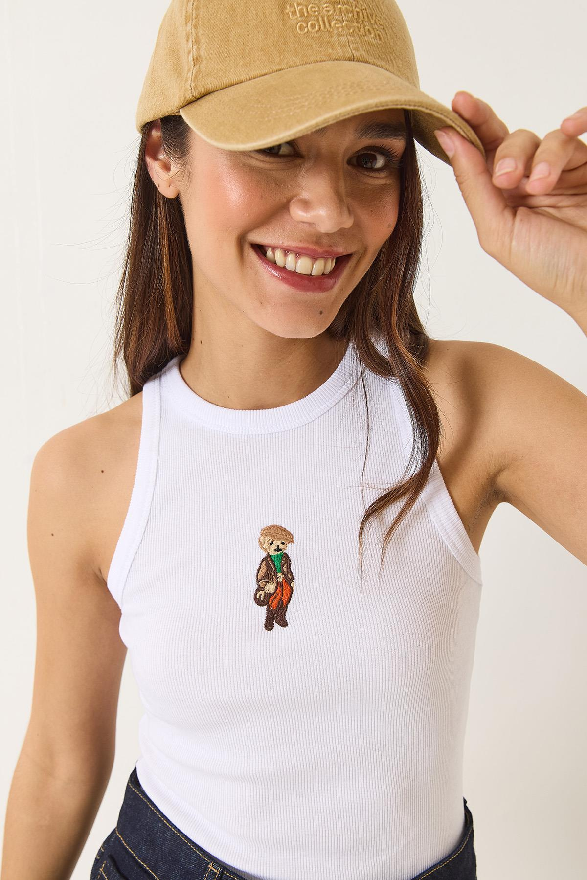 Teddy Nakışlı Fitilli Slim Crop Atlet  60284025 - Beyaz