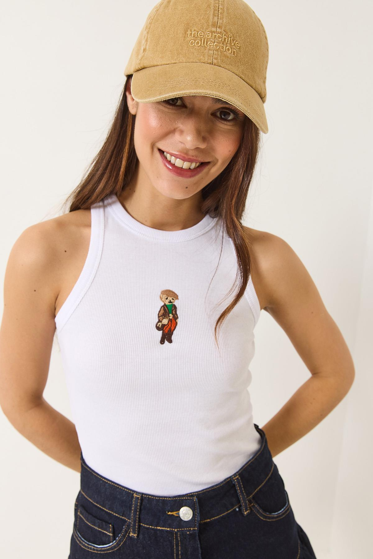 Teddy Nakışlı Fitilli Slim Crop Atlet  60284025 - Beyaz