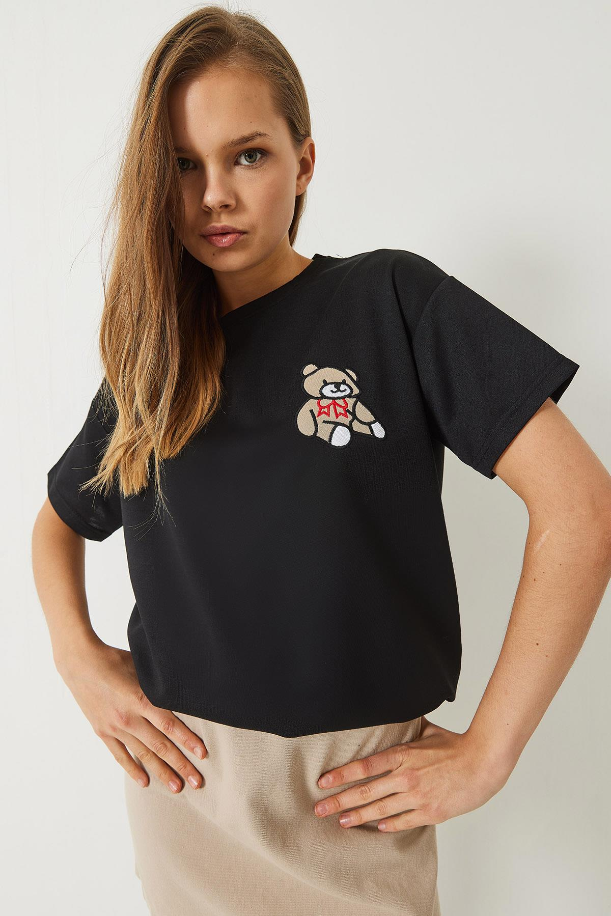 Teddy Nakışlı Salaş Basic T-Shirt 60284019 - Siyah