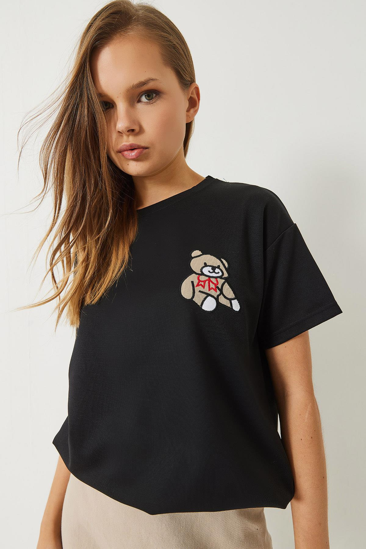 Teddy Nakışlı Salaş Basic T-Shirt 60284019 - Siyah