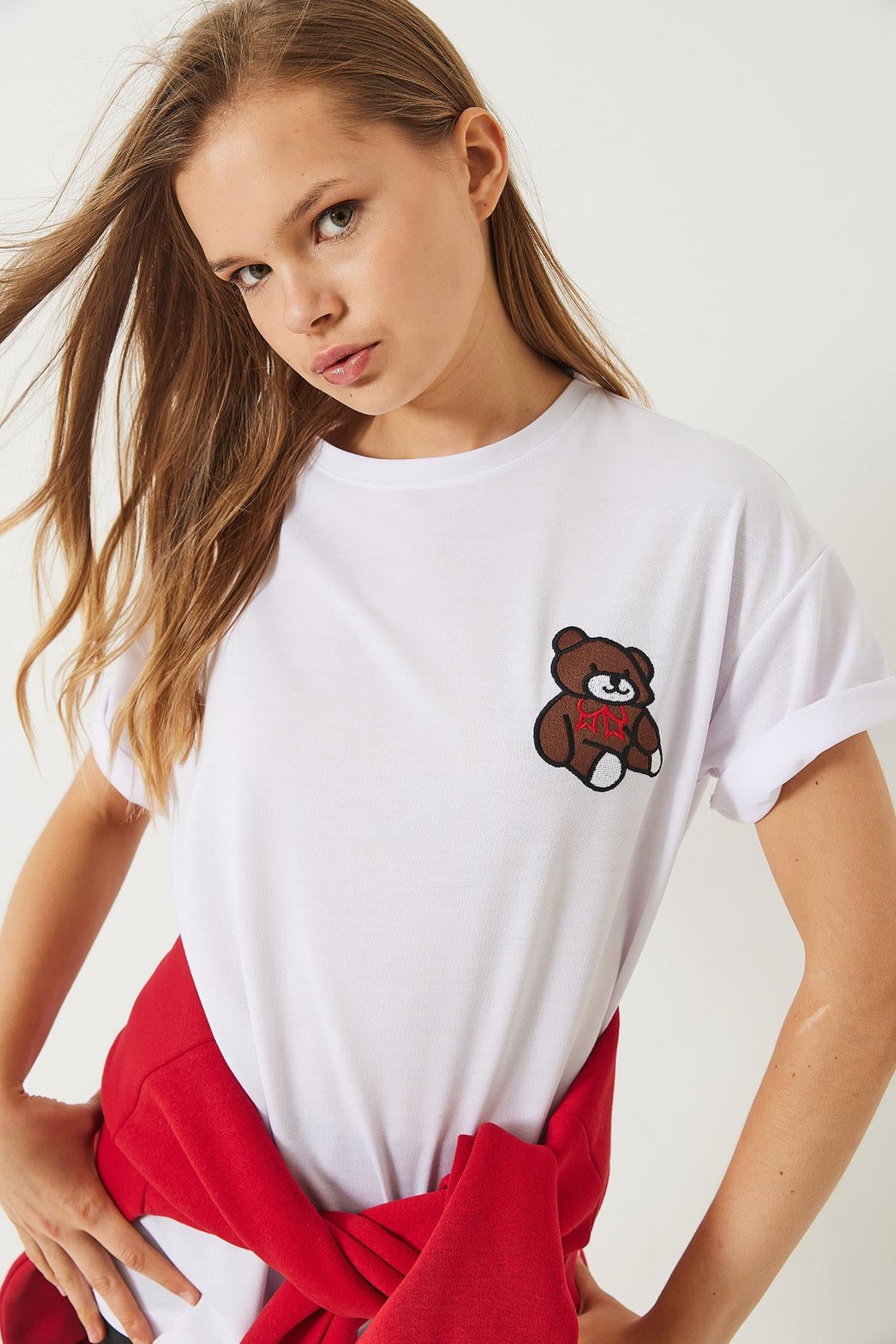 Teddy Nakışlı Salaş Basic T-Shirt 60284019 - Beyaz