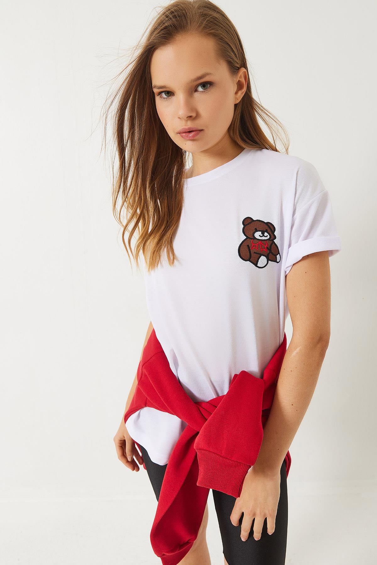 Teddy Nakışlı Salaş Basic T-Shirt 60284019 - Beyaz