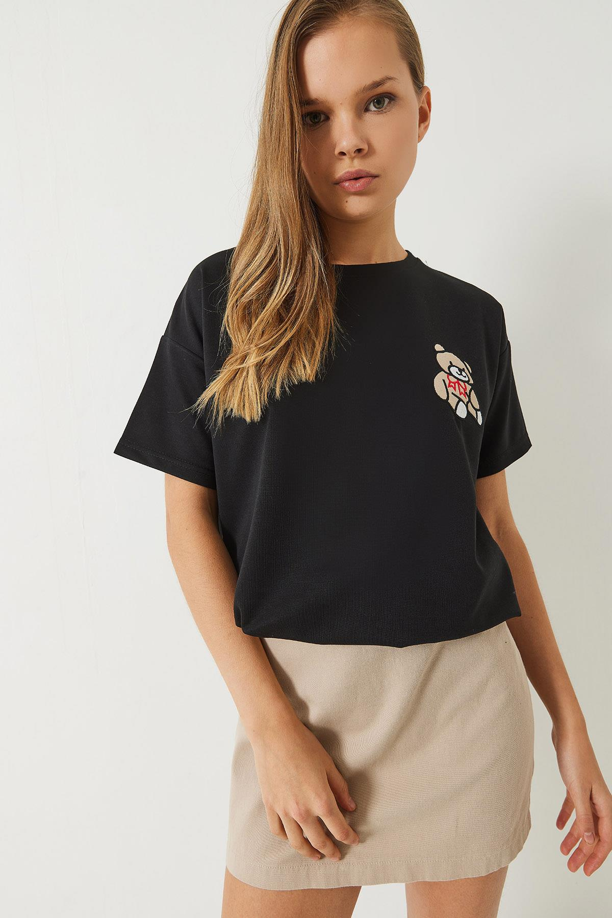 Teddy Nakışlı Salaş Basic T-Shirt 60284019 - Siyah
