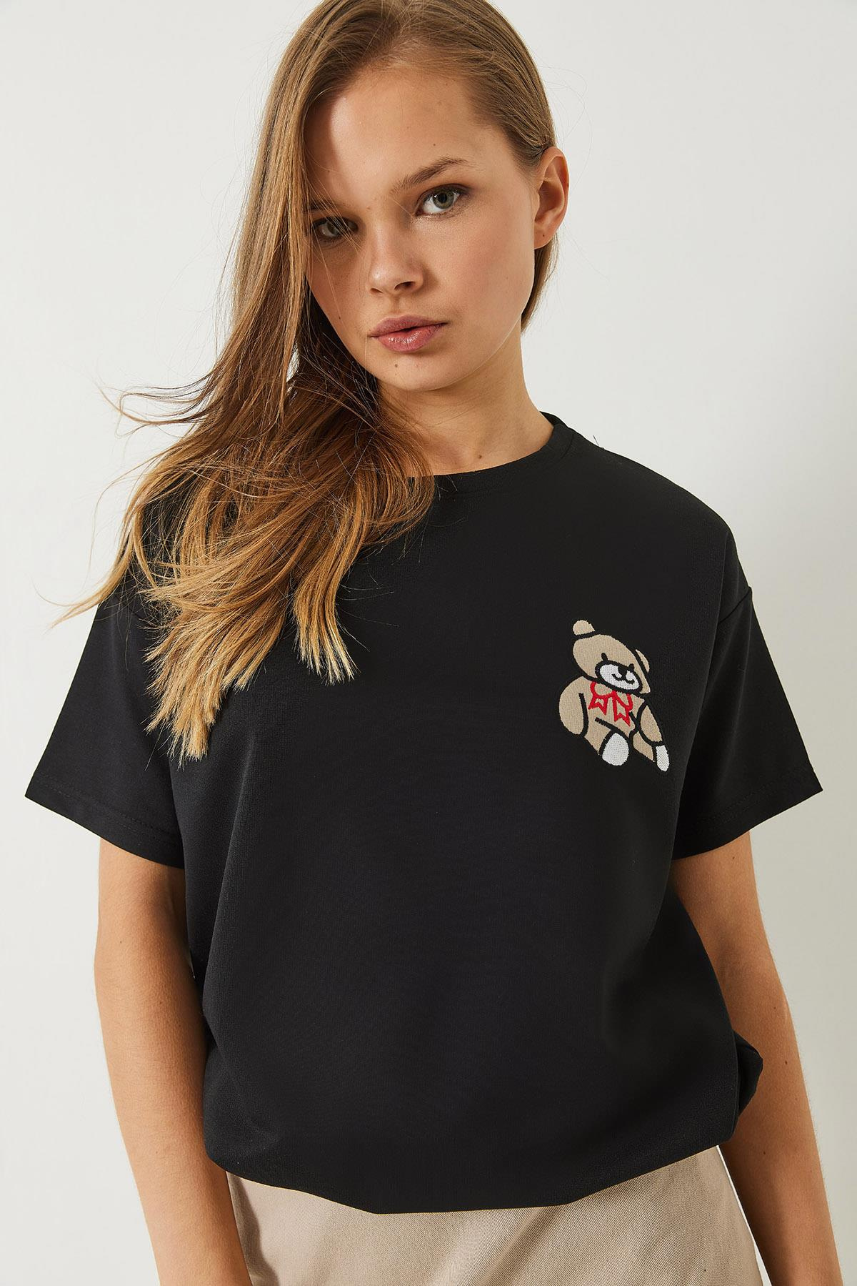 Teddy Nakışlı Salaş Basic T-Shirt 60284019 - Siyah