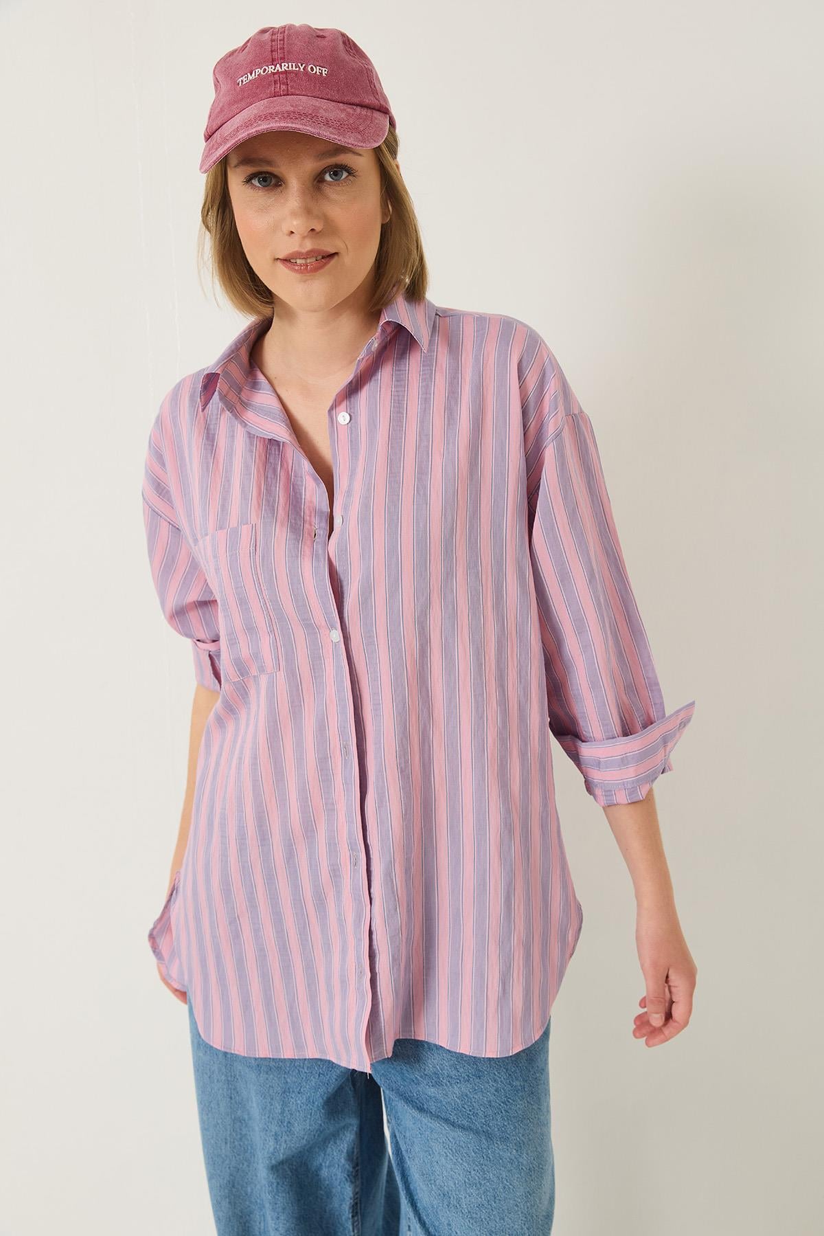 Tek Cep Detaylı Çizgili Oversize Gömlek 8368 60283103 - Lila