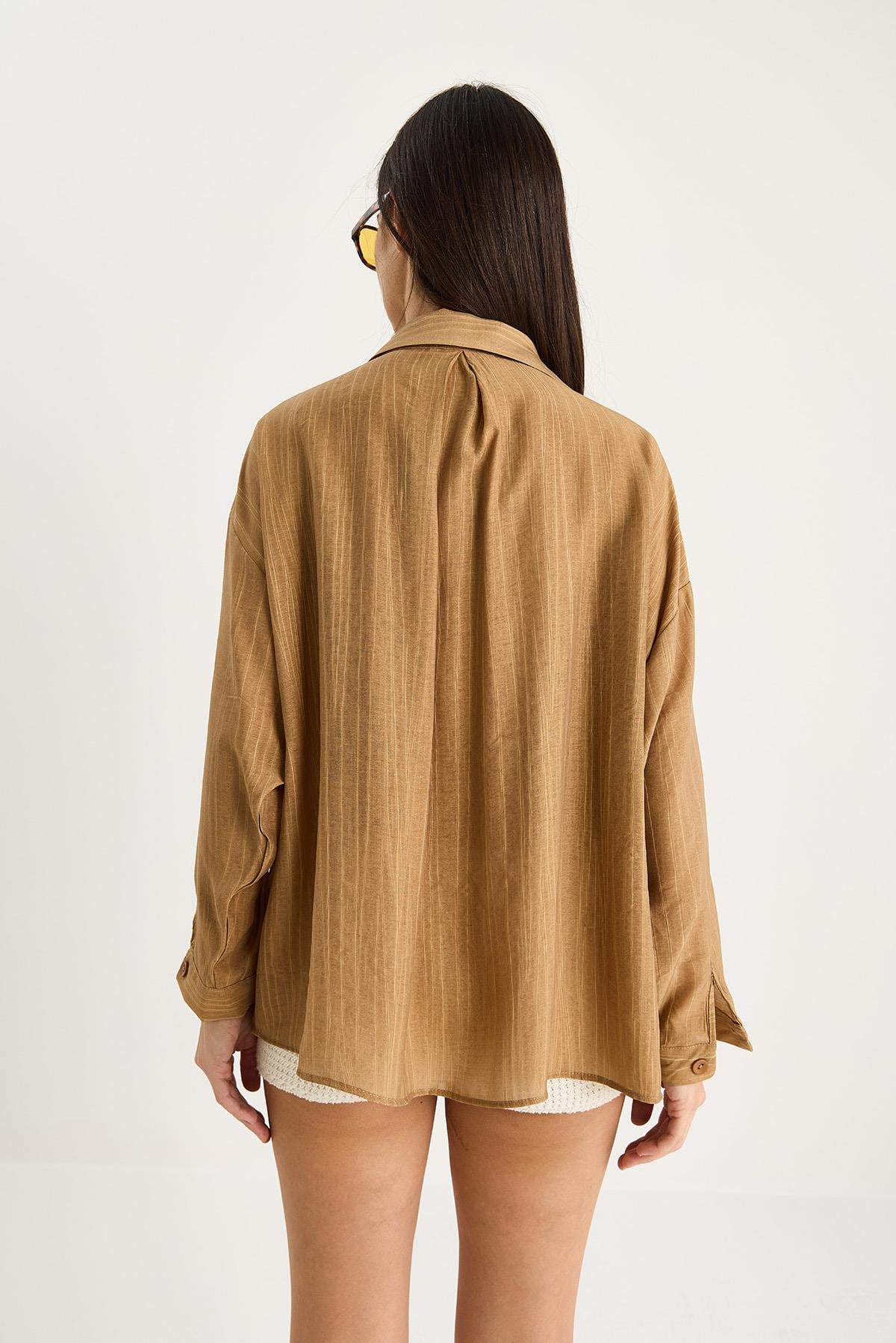 Tek Cep Detaylı Oversize Gömlek 470 60283182 - Camel