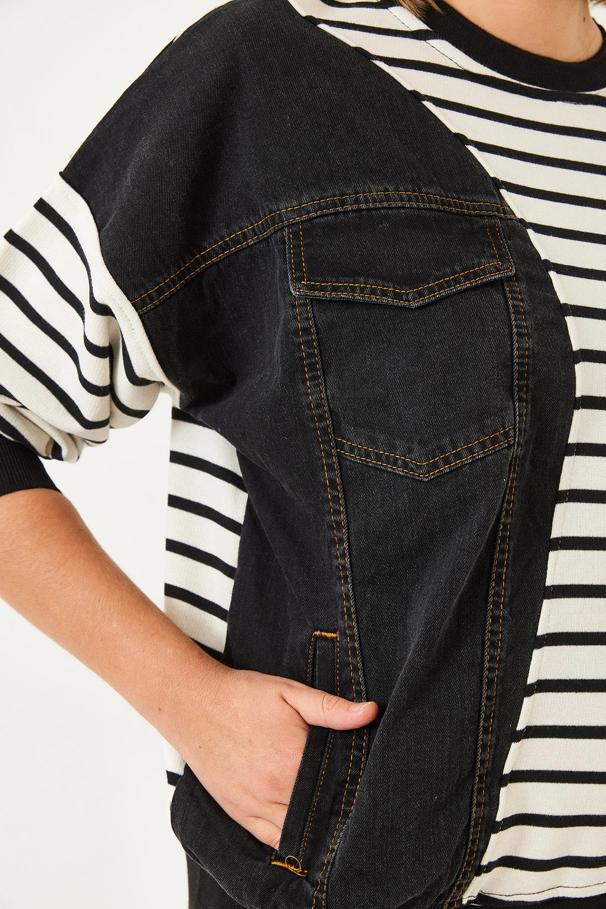 Tek Cepli Çizgili Denimli Sweatshirt 2501 60351338 - Beyaz-Siyah