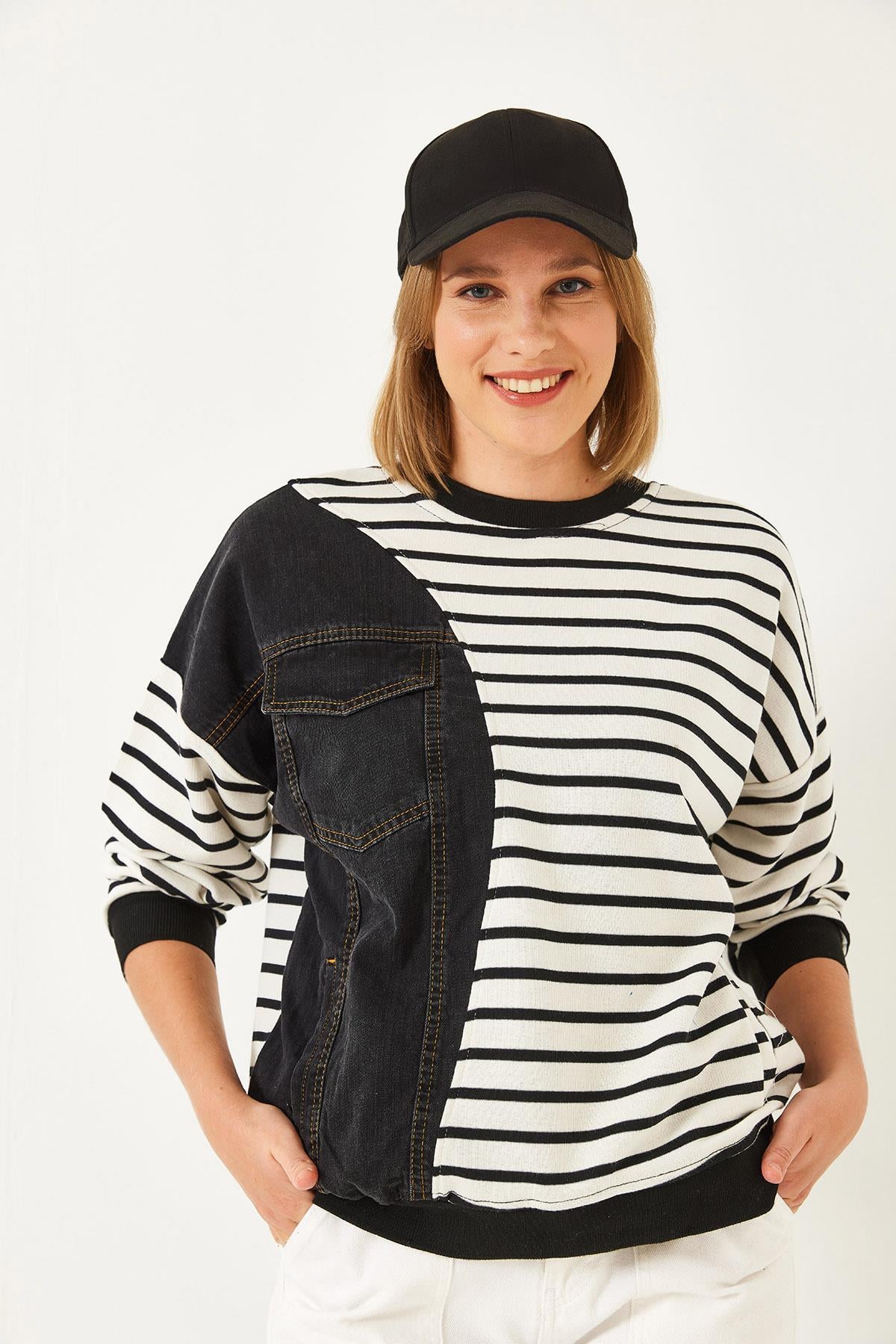 Tek Cepli Çizgili Denimli Sweatshirt 2501 60351338 - Beyaz-Siyah