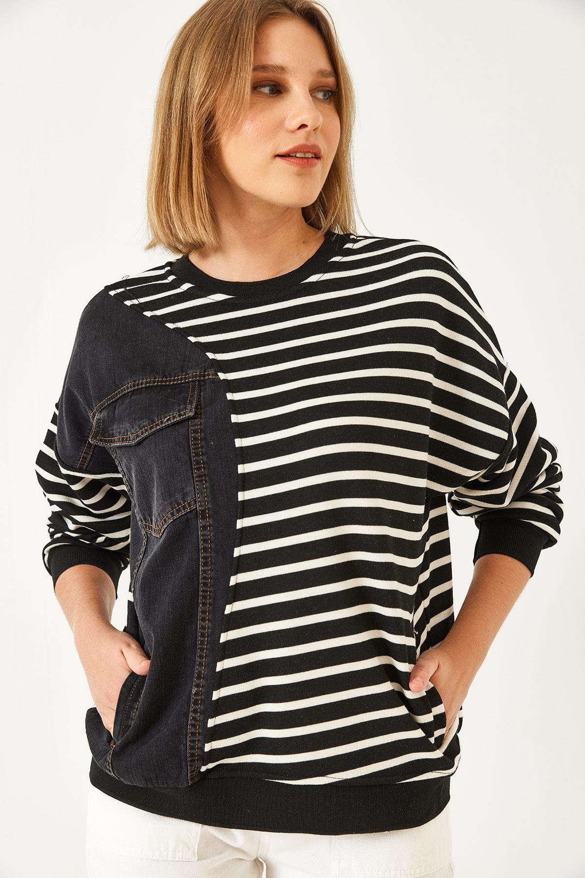 Tek Cepli Çizgili Denimli Sweatshirt 2501 60351338 - Siyah-Beyaz