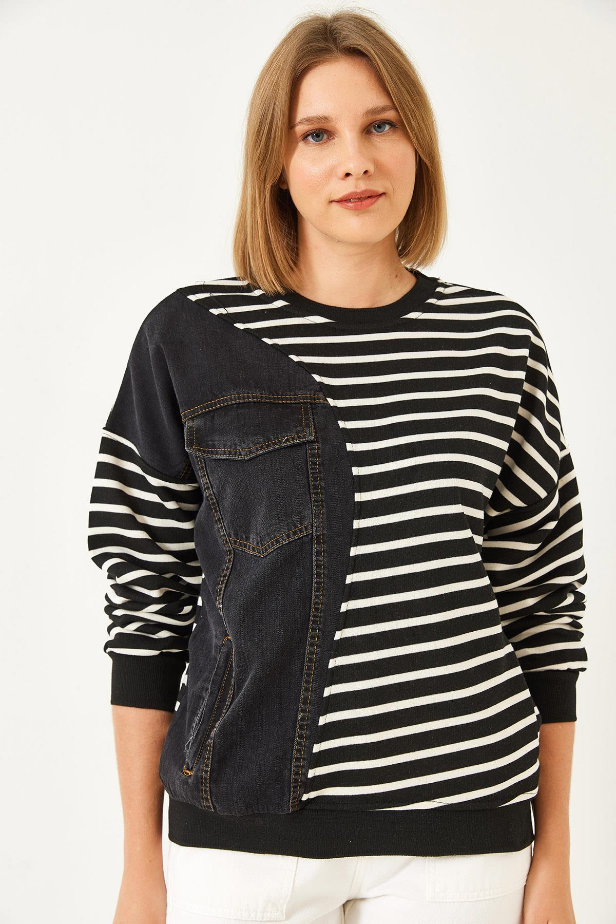 Tek Cepli Çizgili Denimli Sweatshirt 2501 60351338 - Siyah-Beyaz