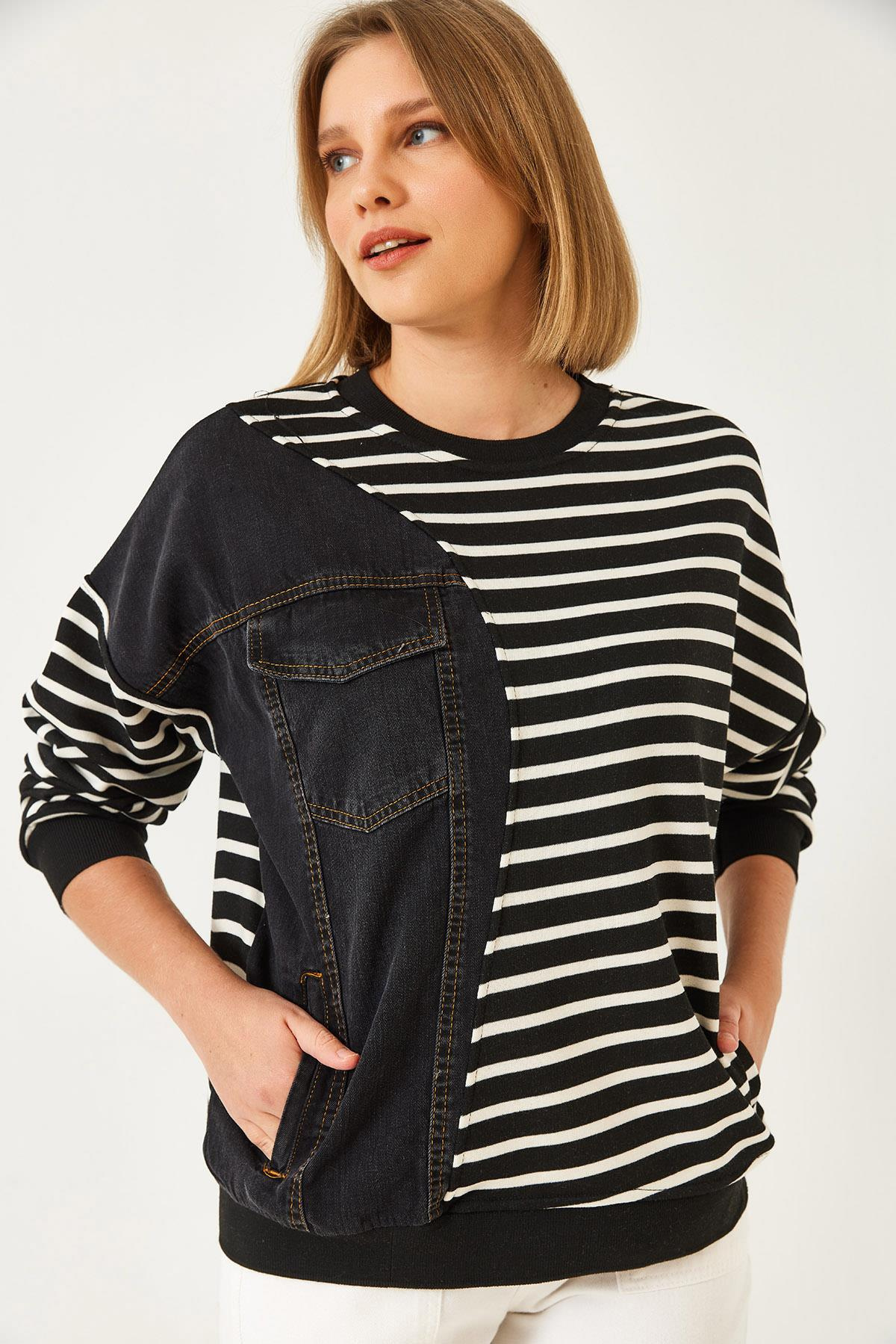 Tek Cepli Çizgili Denimli Sweatshirt 2501 60351338 - Siyah-Beyaz