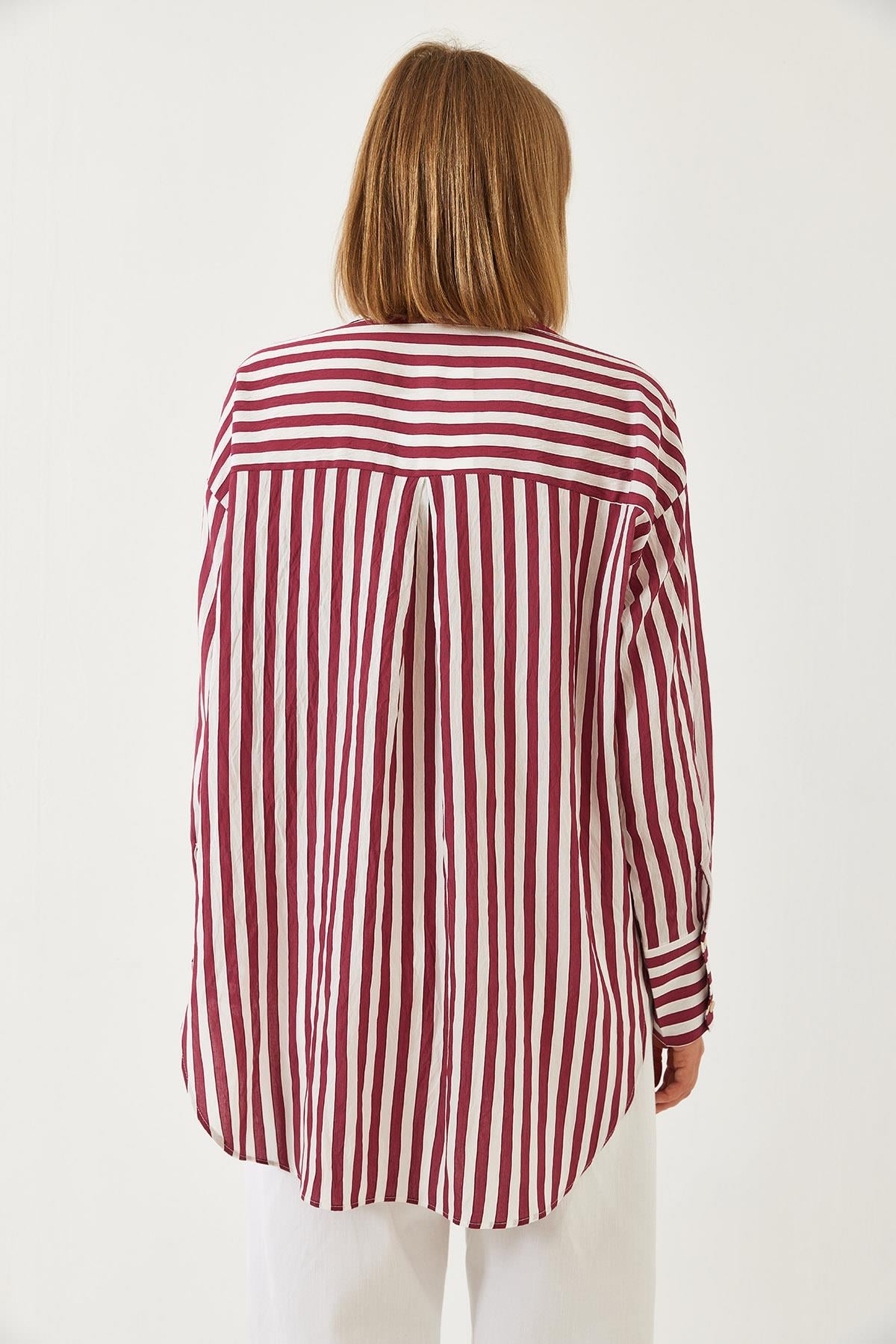 Tek Cepli Çizgili Oversize Gömlek G1008 60261157 - Vişne-Ekru