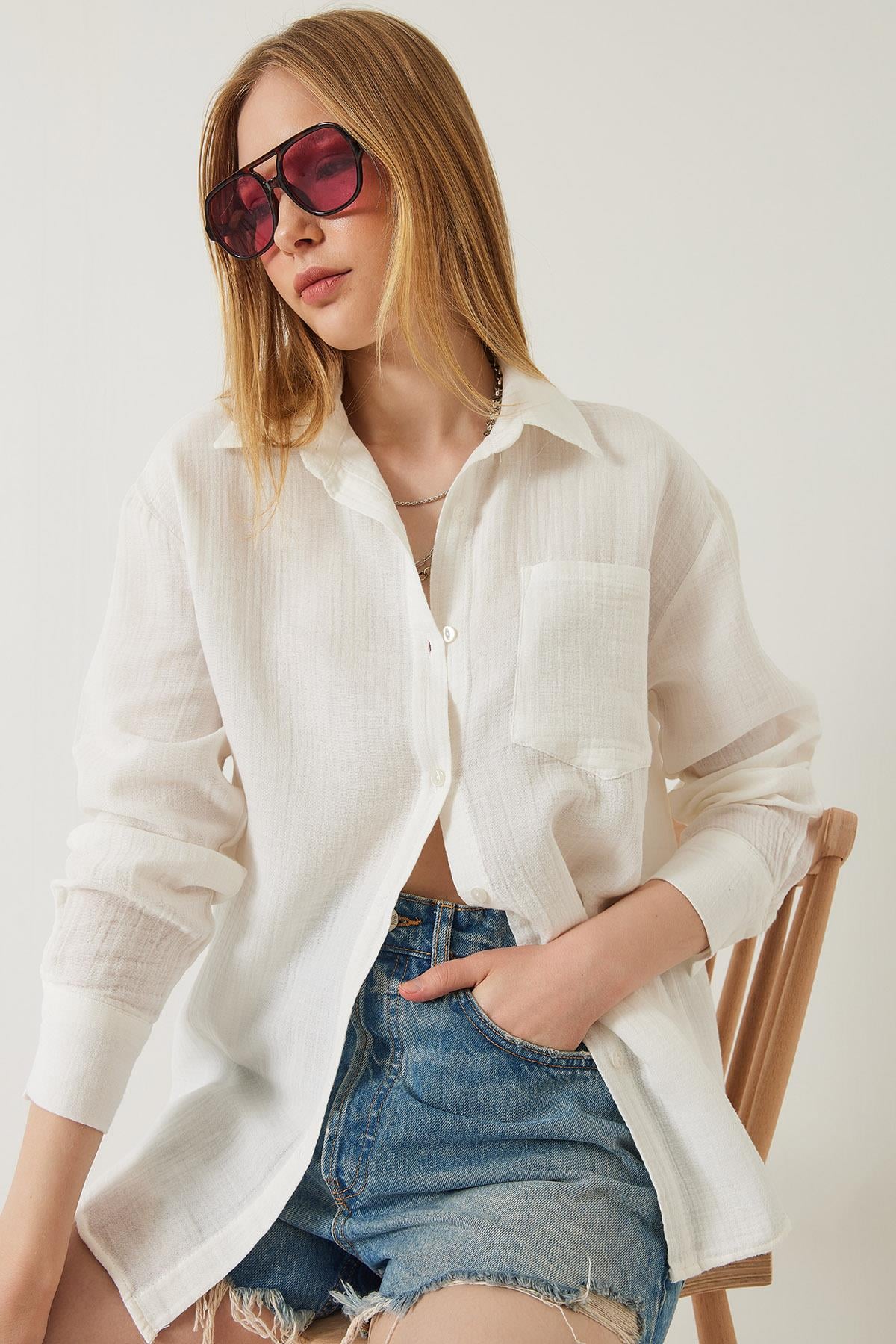 Tek Cepli Oversize Muslin Gömlek 2026 60271020 - Ekru