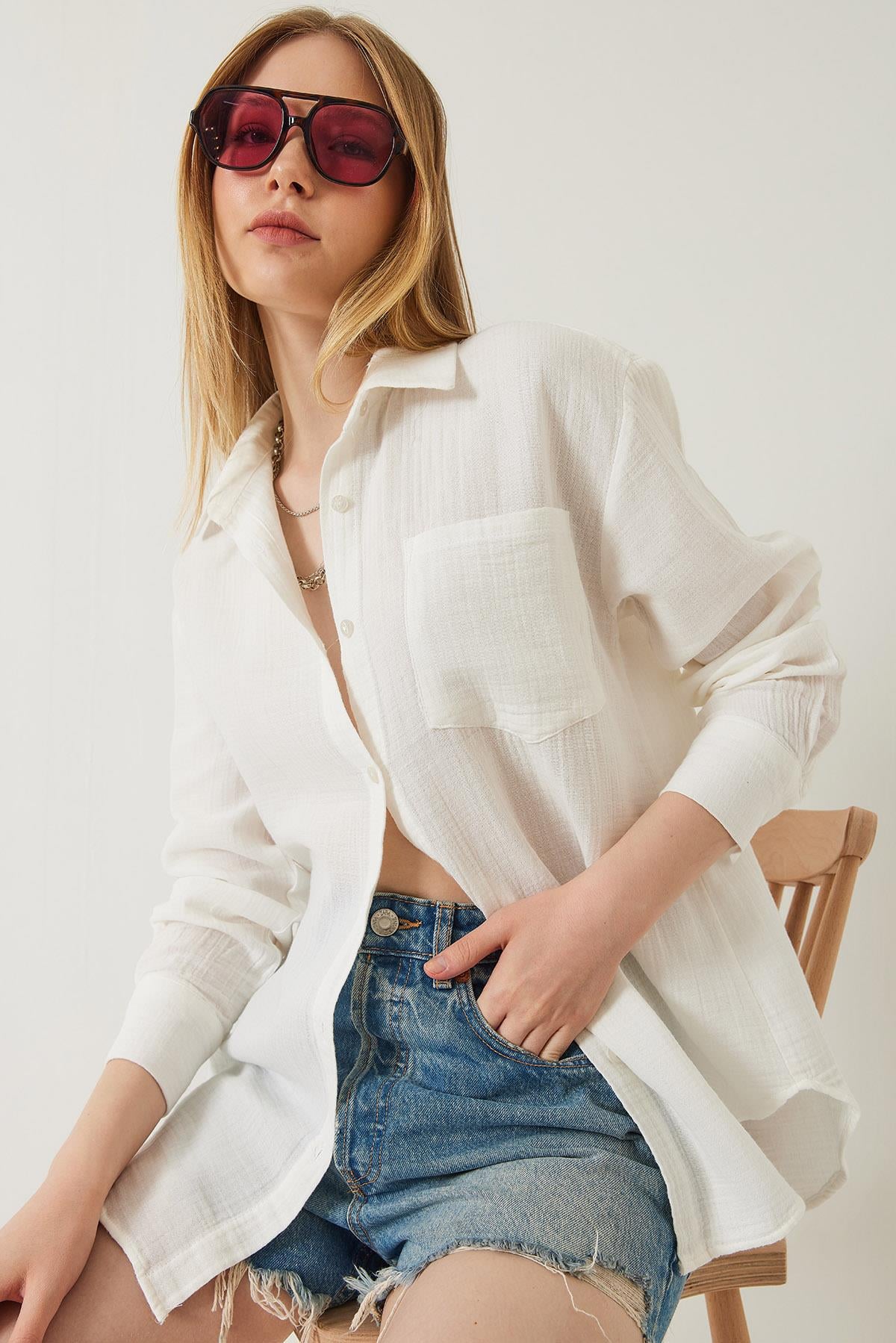 Tek Cepli Oversize Muslin Gömlek 2026 60271020 - Ekru