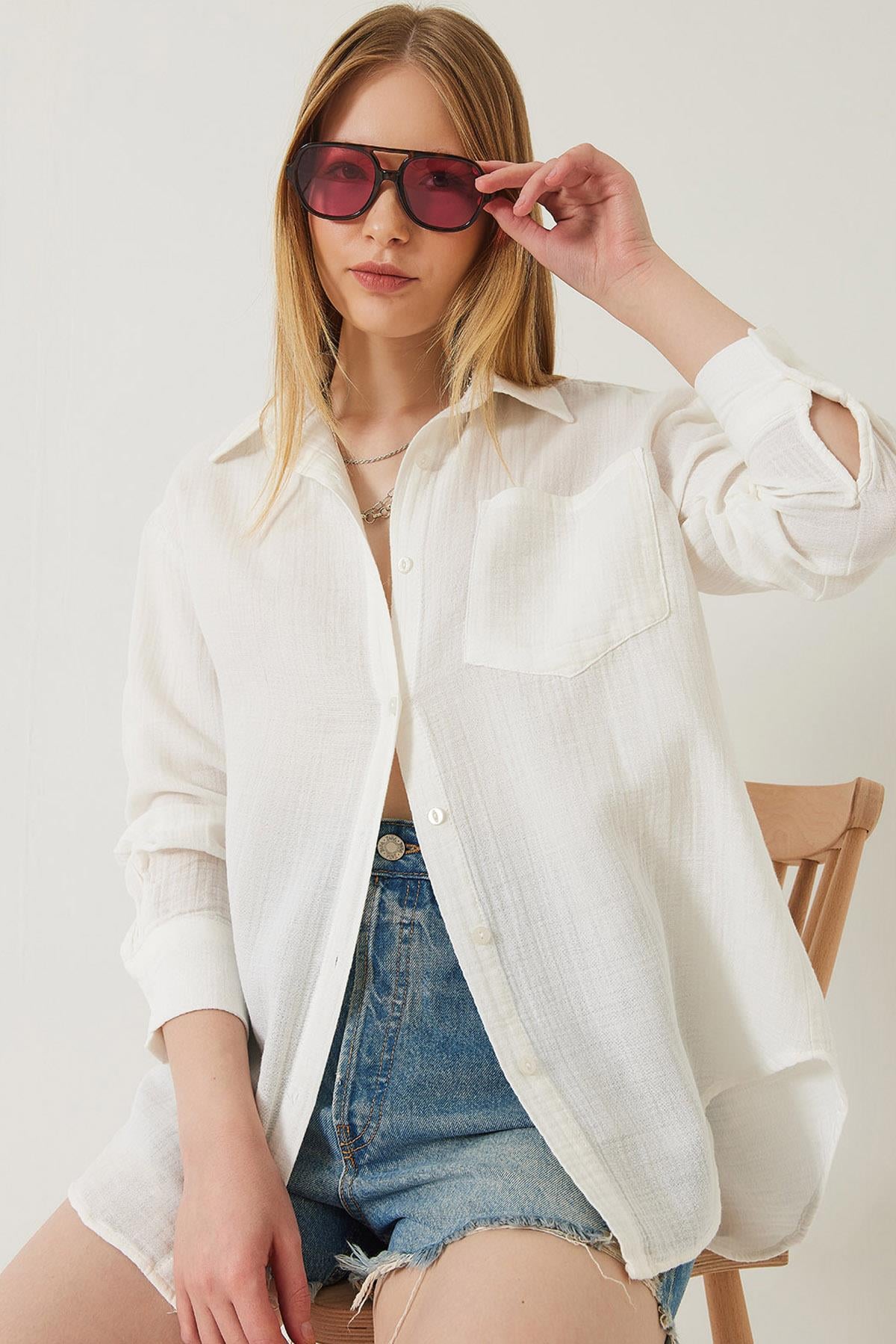 Tek Cepli Oversize Muslin Gömlek 2026 60271020 - Ekru