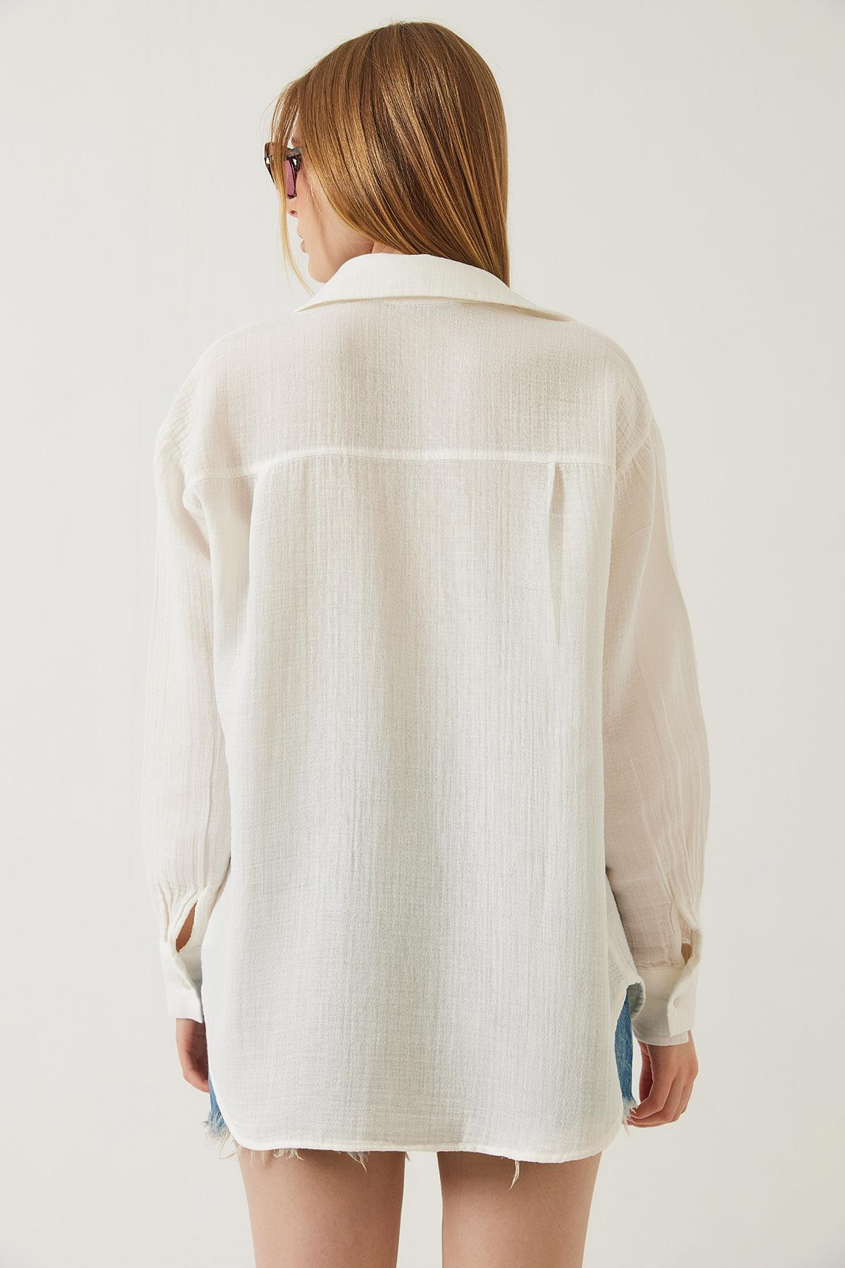 Tek Cepli Oversize Muslin Gömlek 2026 60271020 - Ekru