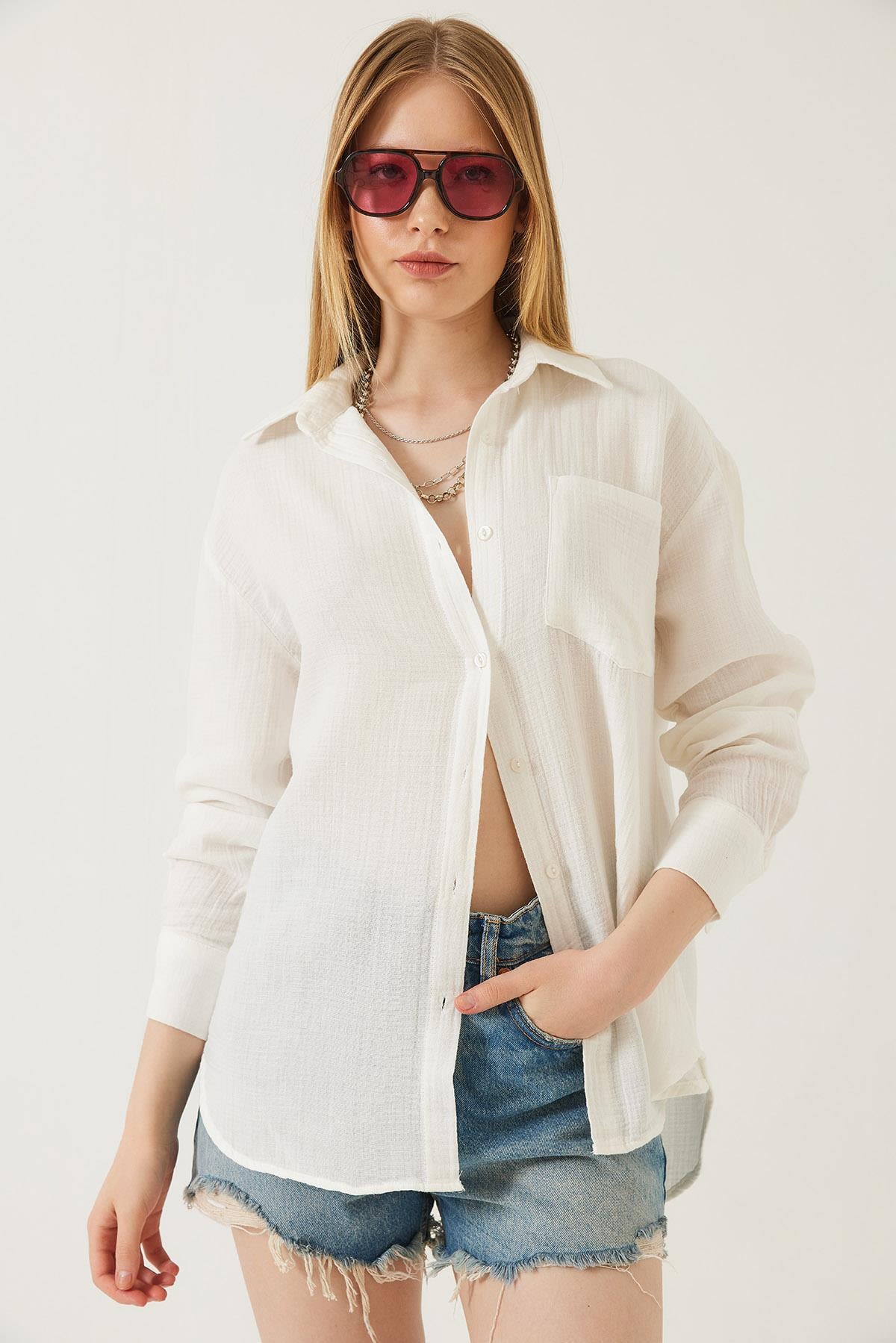 Tek Cepli Oversize Muslin Gömlek 2026 60271020 - Ekru